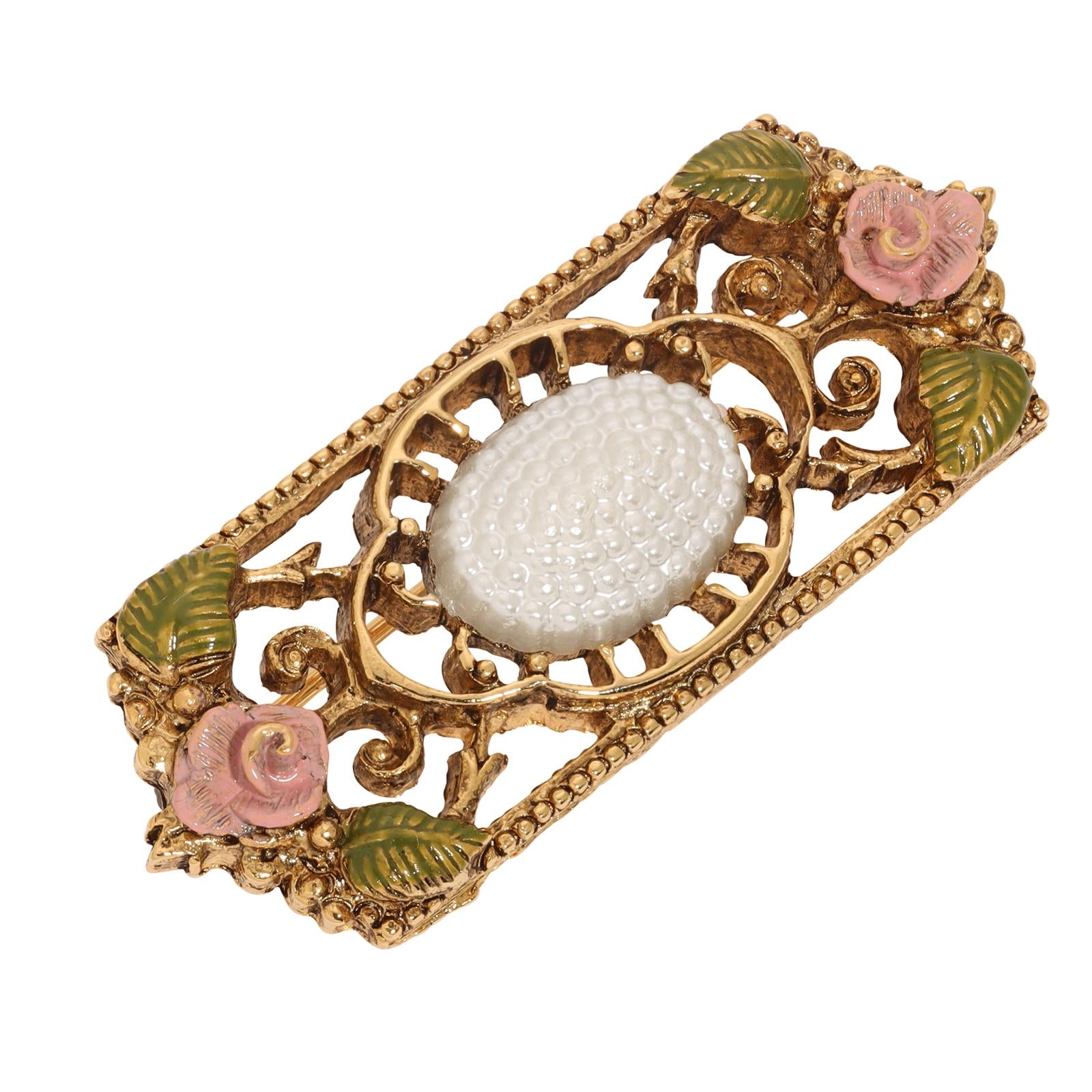1928 Jewelry Pearly Eden Rose Enamel Faux Pearl Filigree Brooch