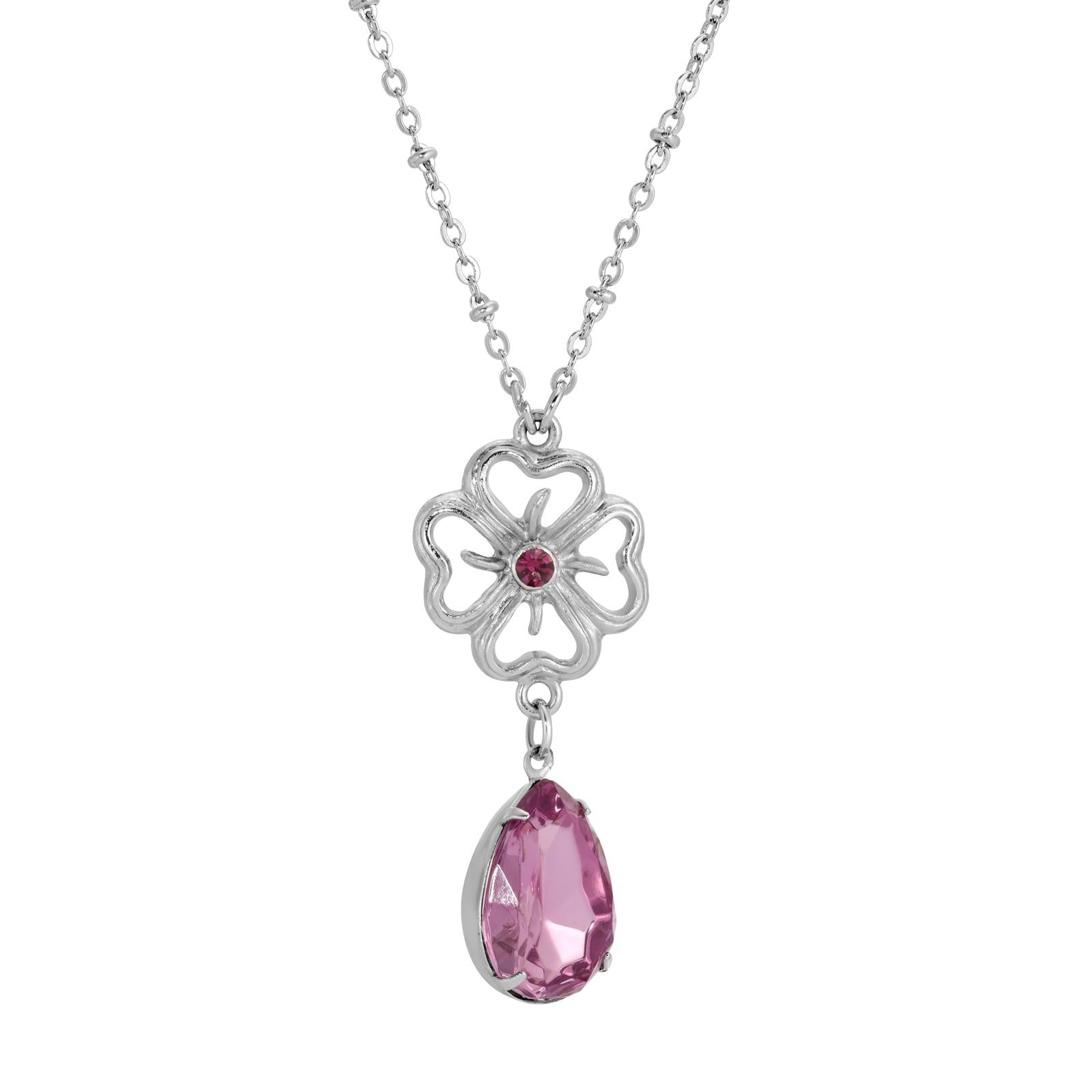 1928 Jewelry Four-Leaf Clover Amethyst Crystal Pendant Necklace 18"