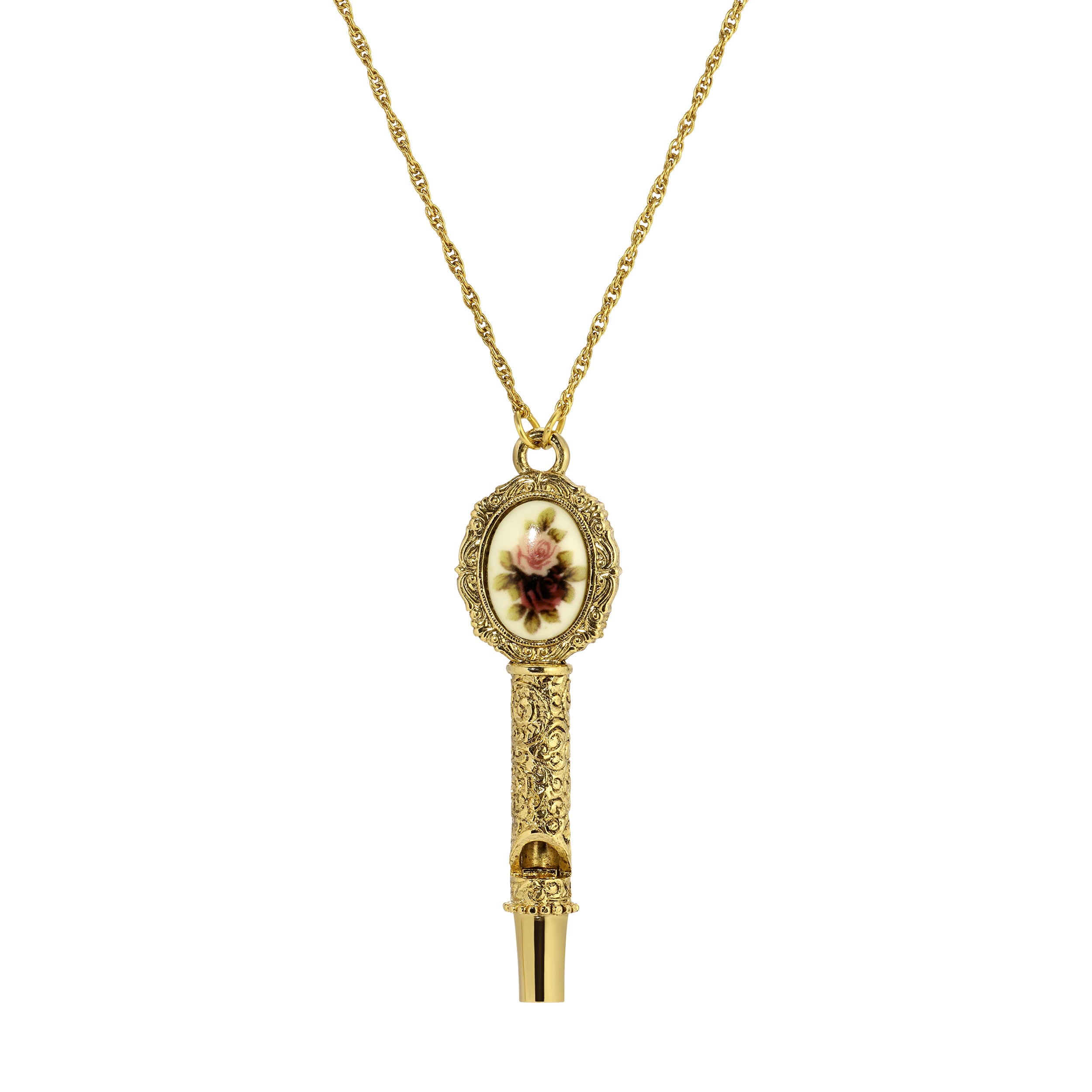 1928 Jewelry Manor House Etched Filigree Whistle Pendant Necklace 28"