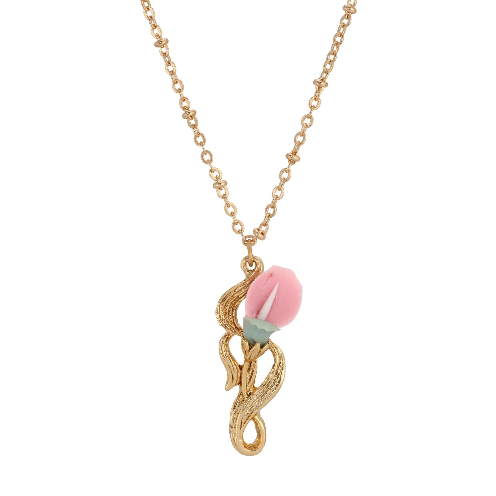1928 Jewelry Pink Porcelain Rosebud Pendant Necklace 18"