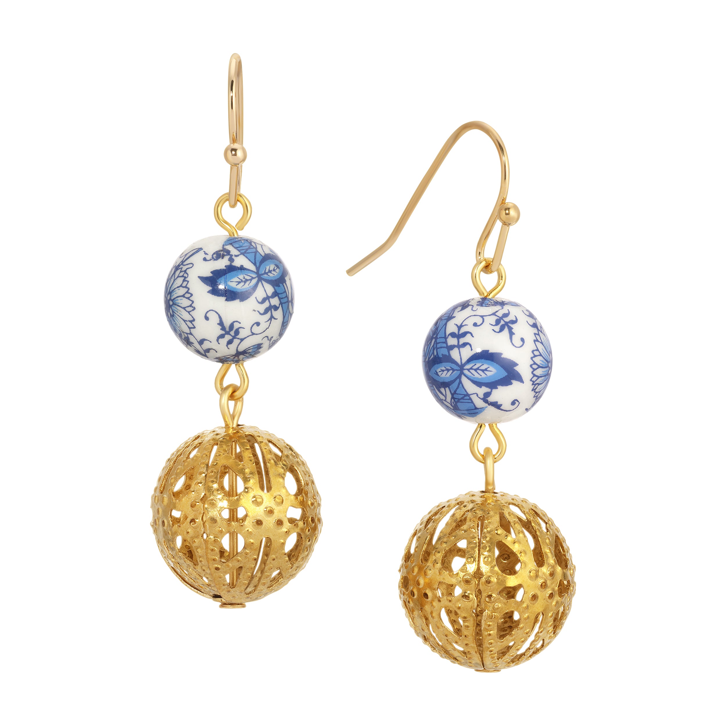 1928 Jewelry Blue Willow Round Gold Filigree Dangling Earrings