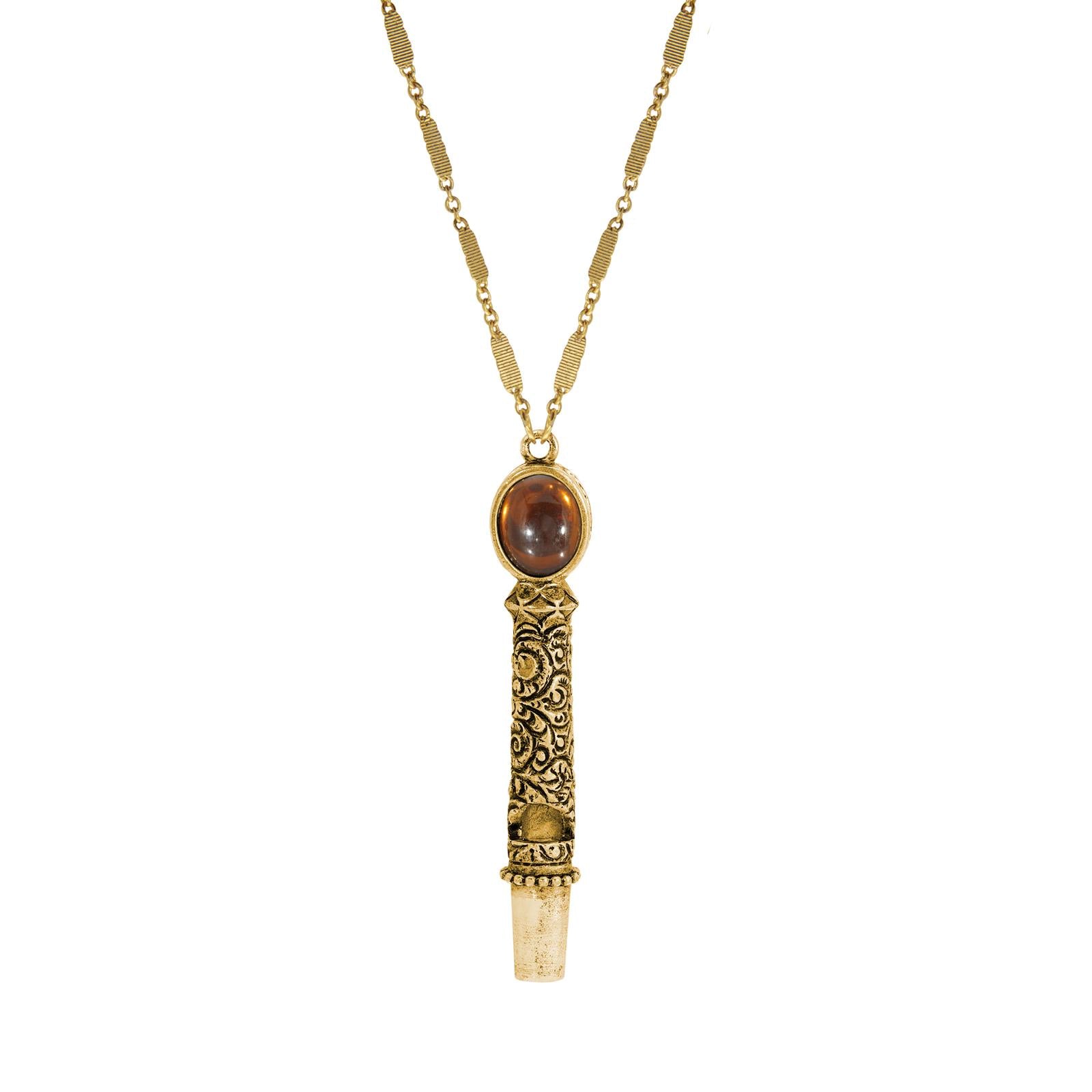 1928 Jewelry Oval Stone Etched Gold Whistle Pendant Necklace 28"