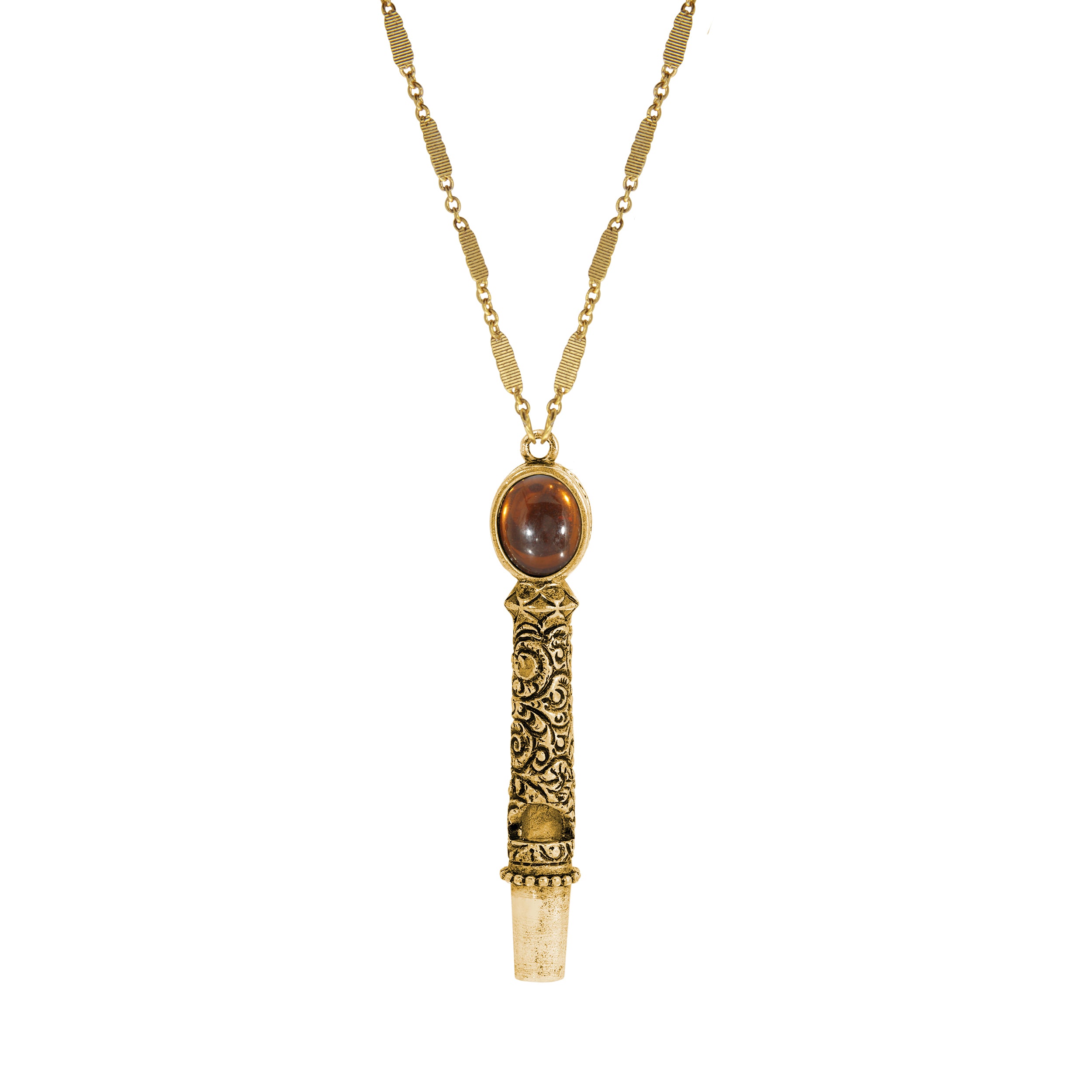 1928 Jewelry Oval Stone Etched Gold Whistle Pendant Necklace 28"
