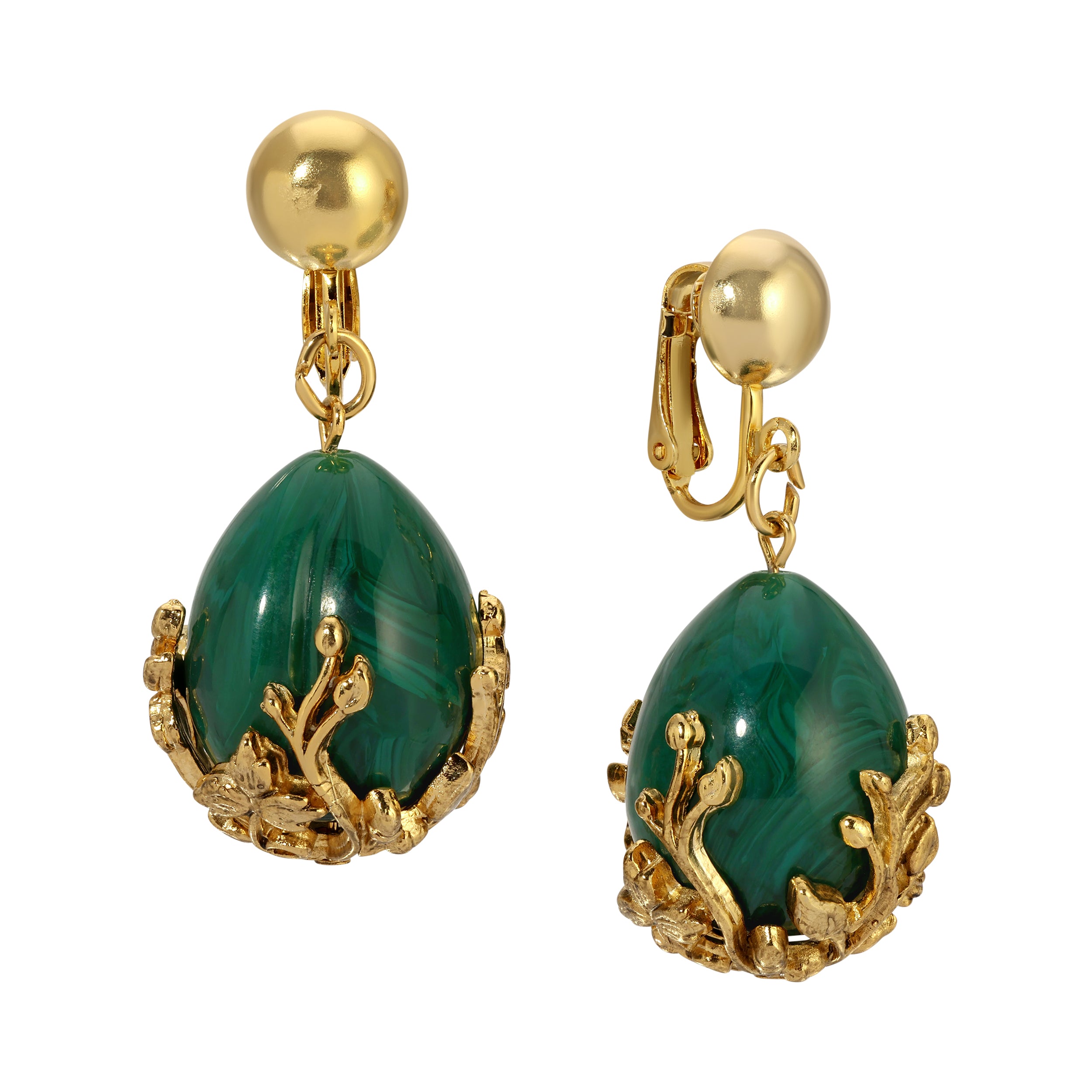 1928 Jewelry Golden Bloom Teardrop Marble Green Stone Clip On Earrings