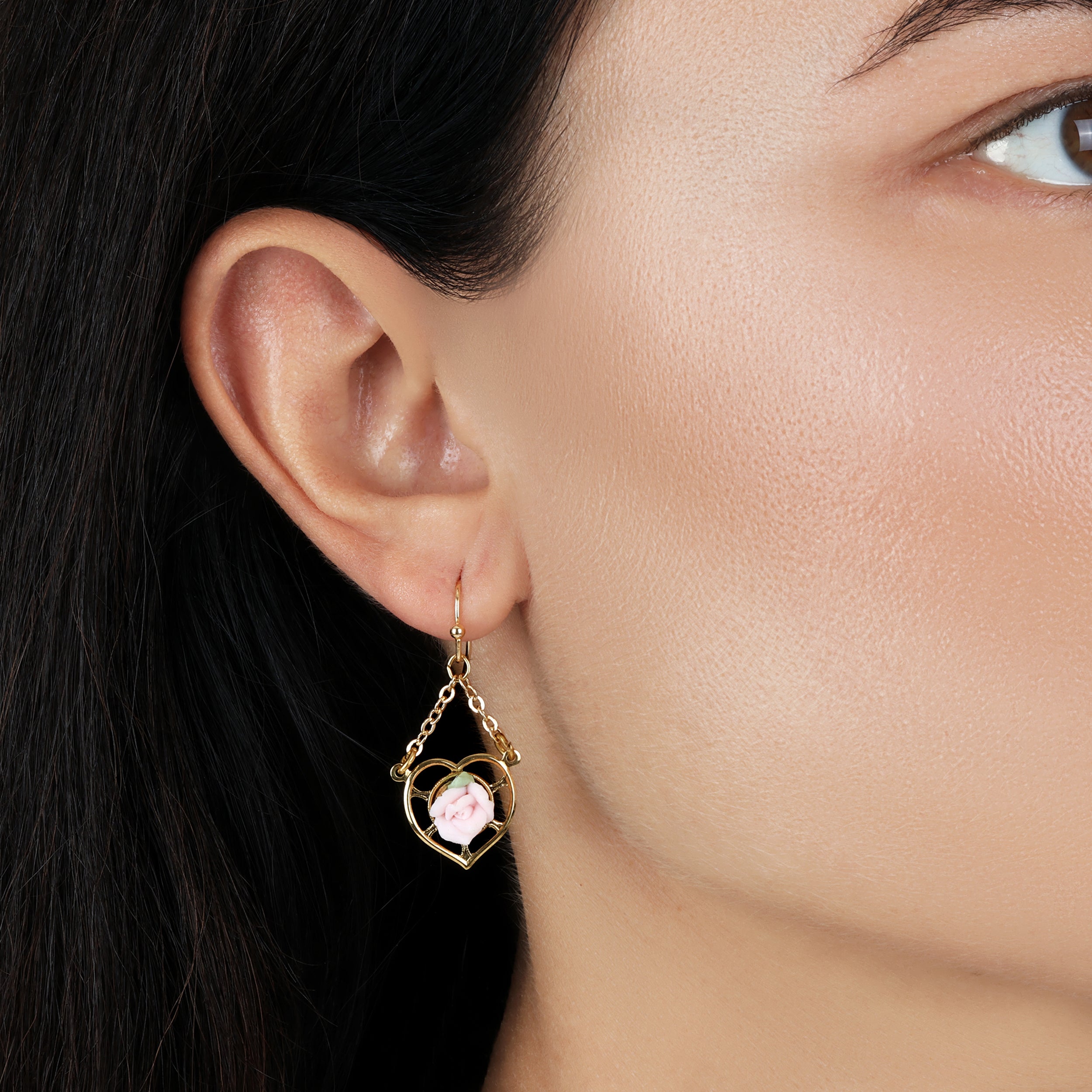 1928 Jewelry Porcelain Rose Dangling Heart Earrings