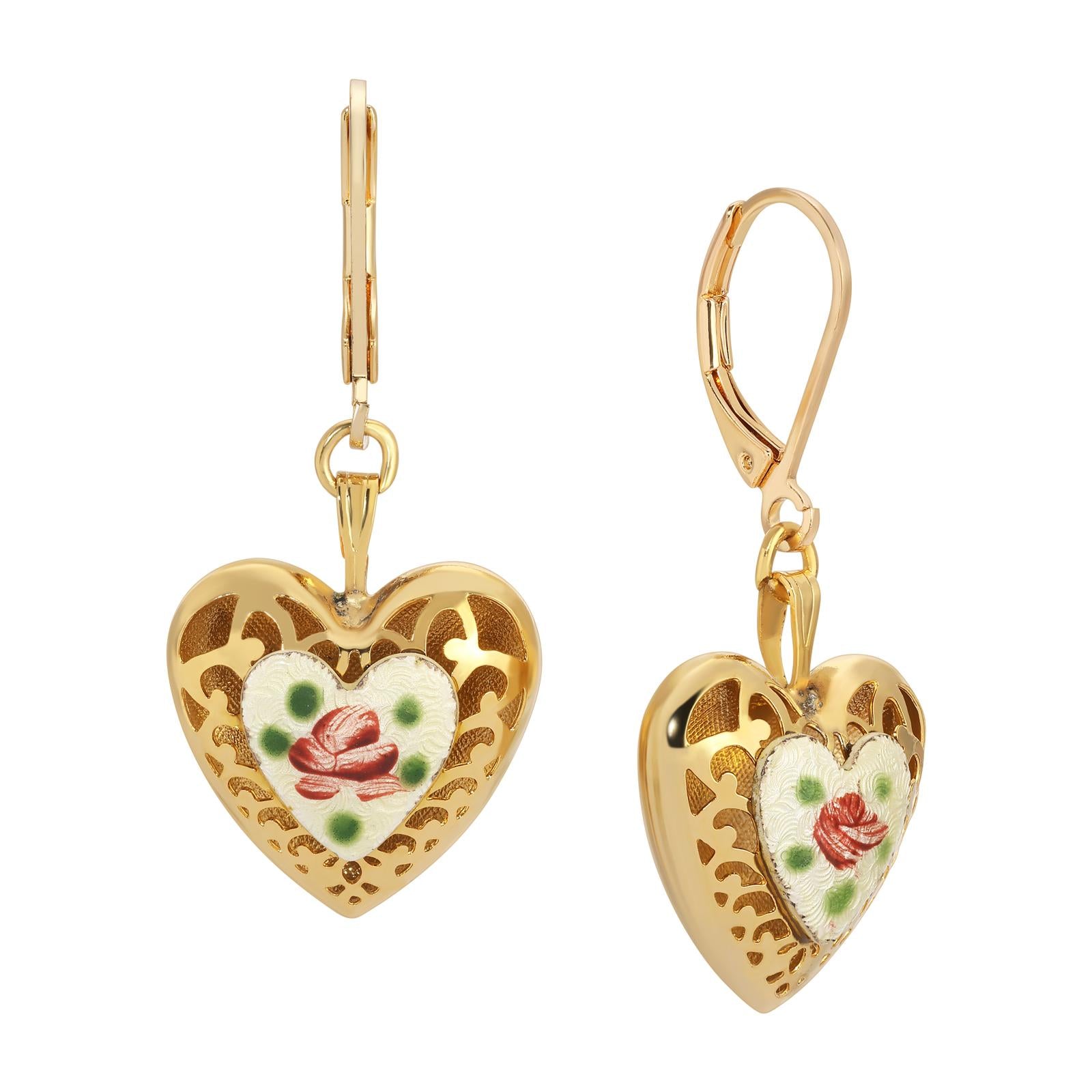 1928 Jewelry Artisan Pink Rosebud Heart Drop Earrings