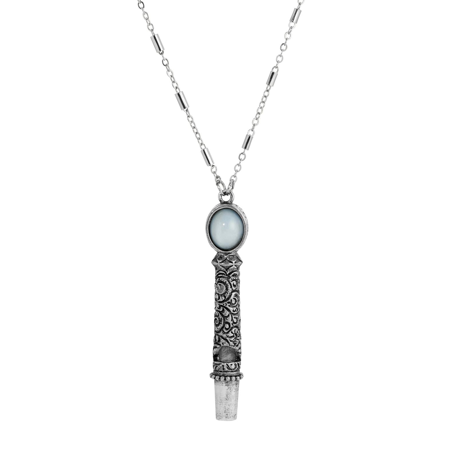 1928 Jewelry Oval Stone Etched Whistle Pendant Necklace 28"