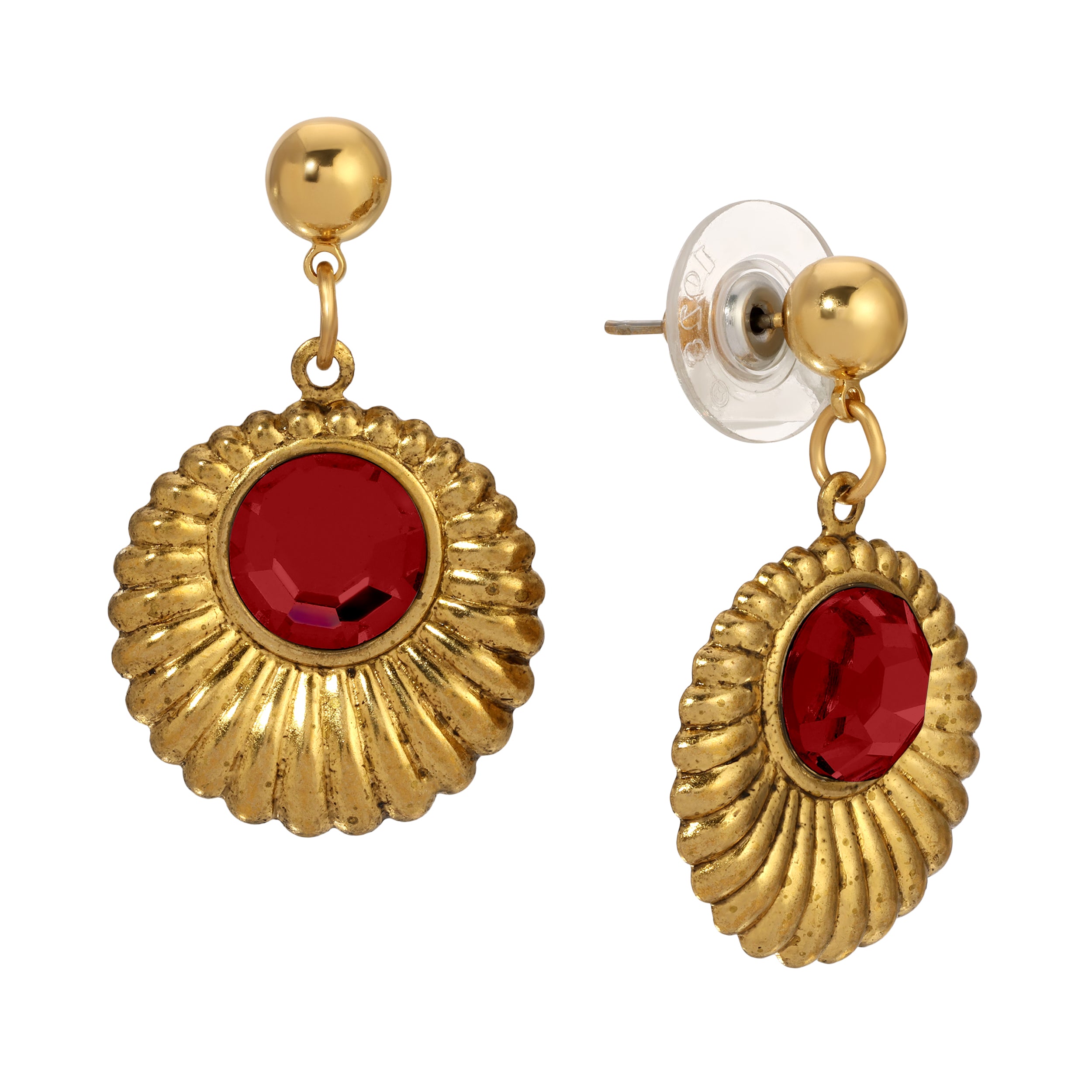 1928 Jewelry Scalloped Medallion Stone Post Back Drop Earrings