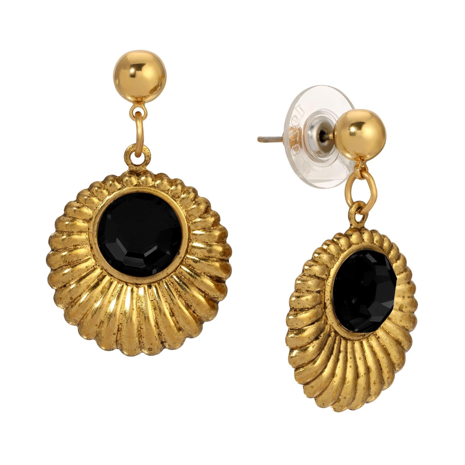 1928 Jewelry Scalloped Medallion Stone Post Back Drop Earrings