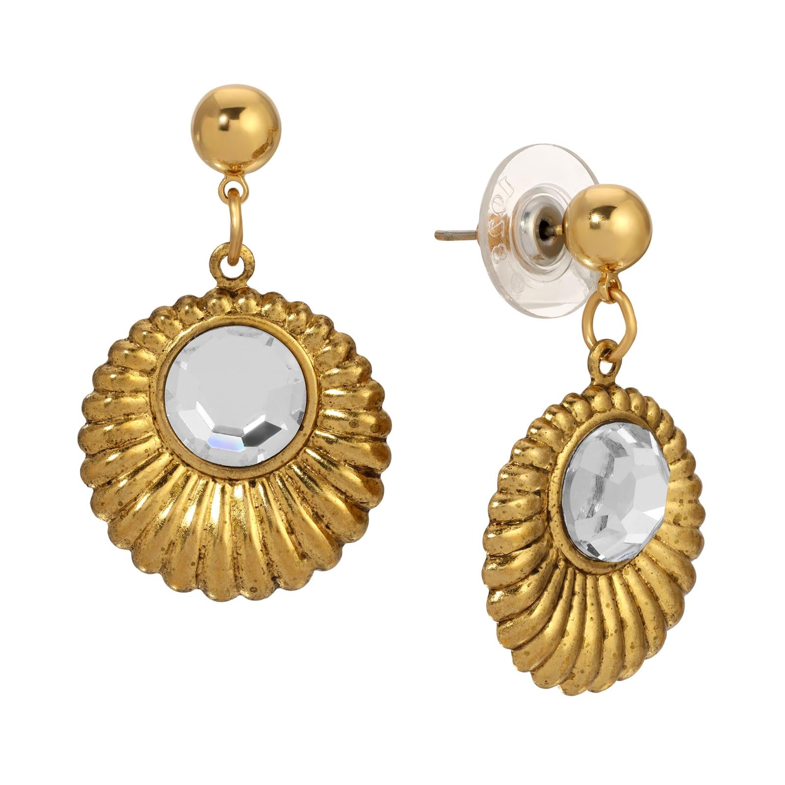 1928 Jewelry Scalloped Medallion Stone Post Back Drop Earrings
