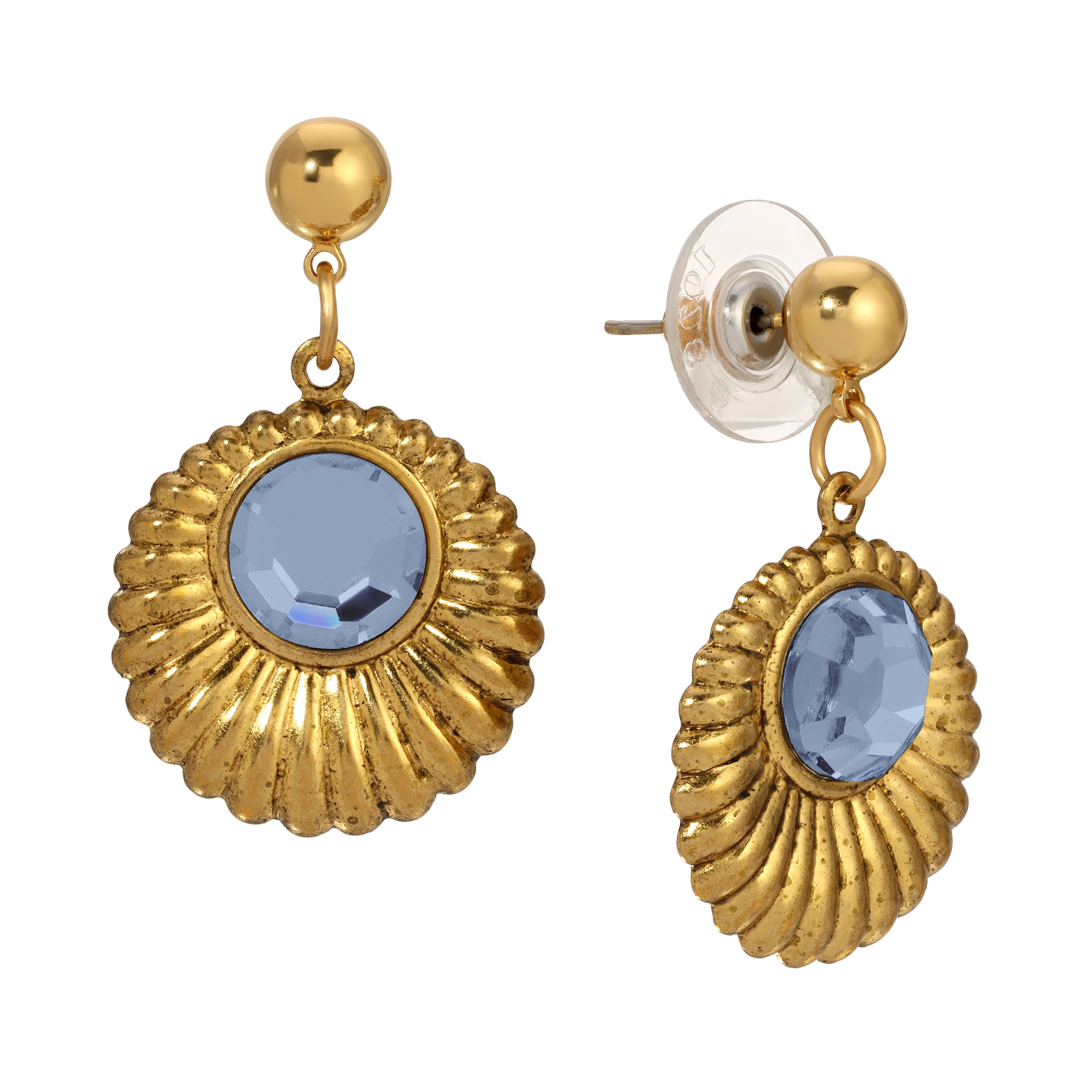 1928 Jewelry Scalloped Medallion Stone Post Back Drop Earrings