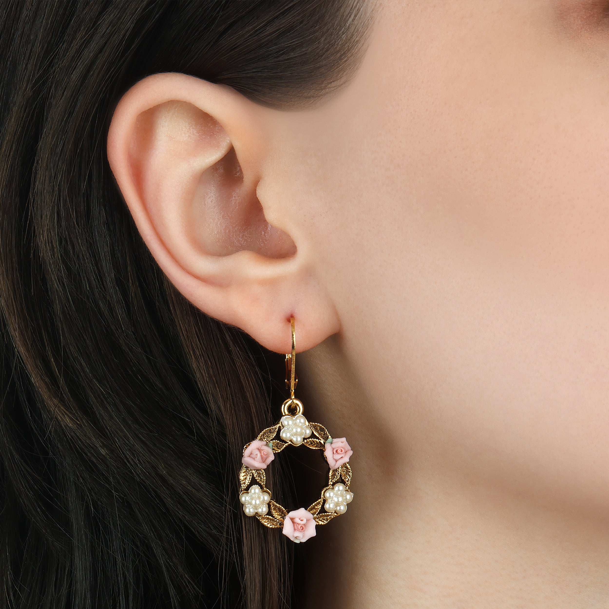 1928 Jewelry Porcelain Rose & Faux Pearl Flowers Drop Earrings