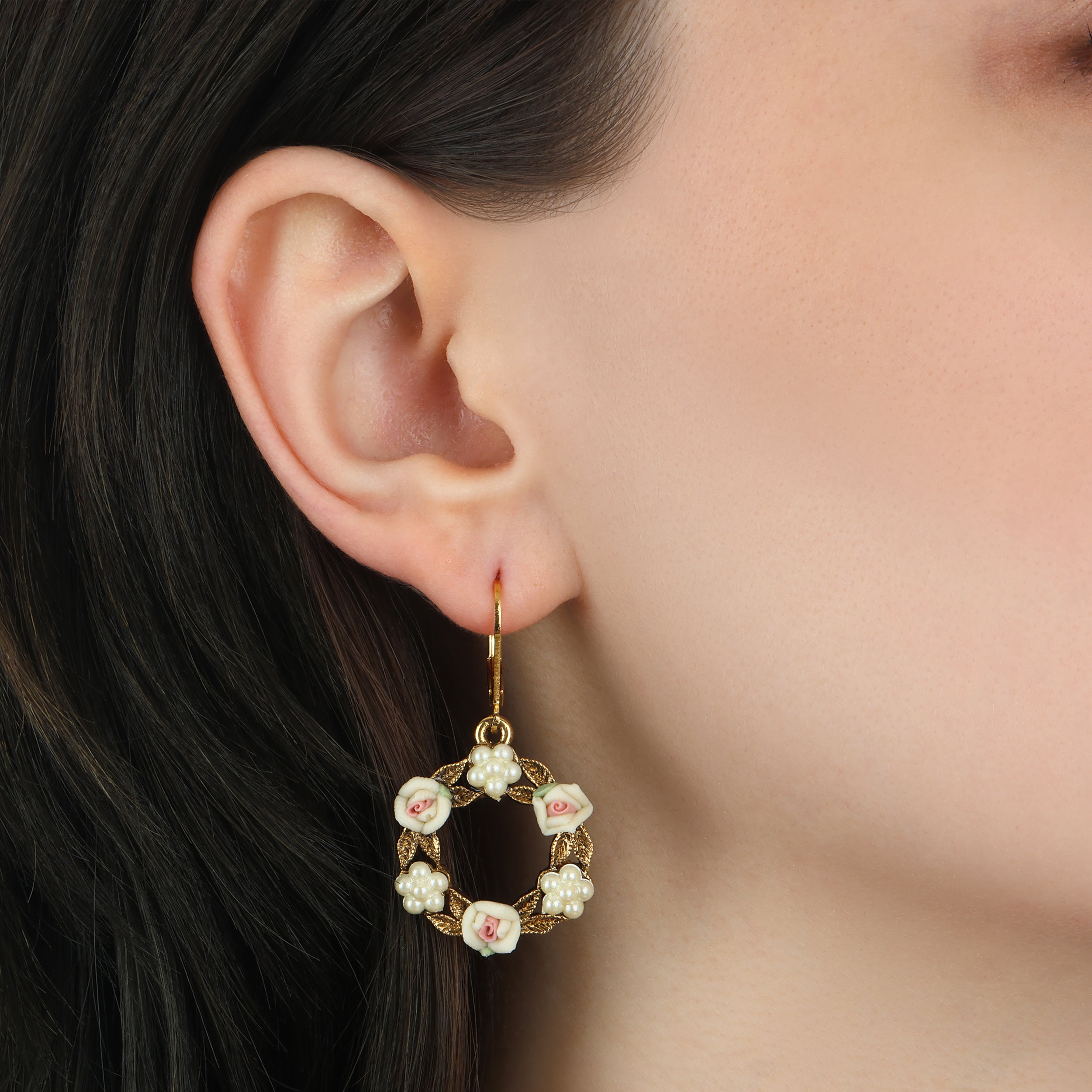 1928 Jewelry Porcelain Rose & Faux Pearl Flowers Drop Earrings