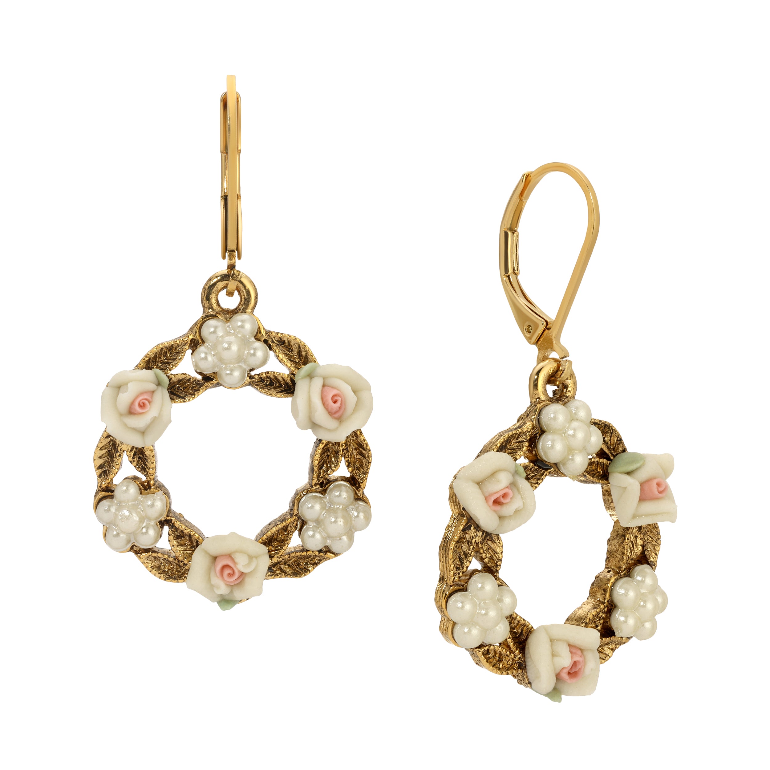 1928 Jewelry Porcelain Rose & Faux Pearl Flowers Drop Earrings