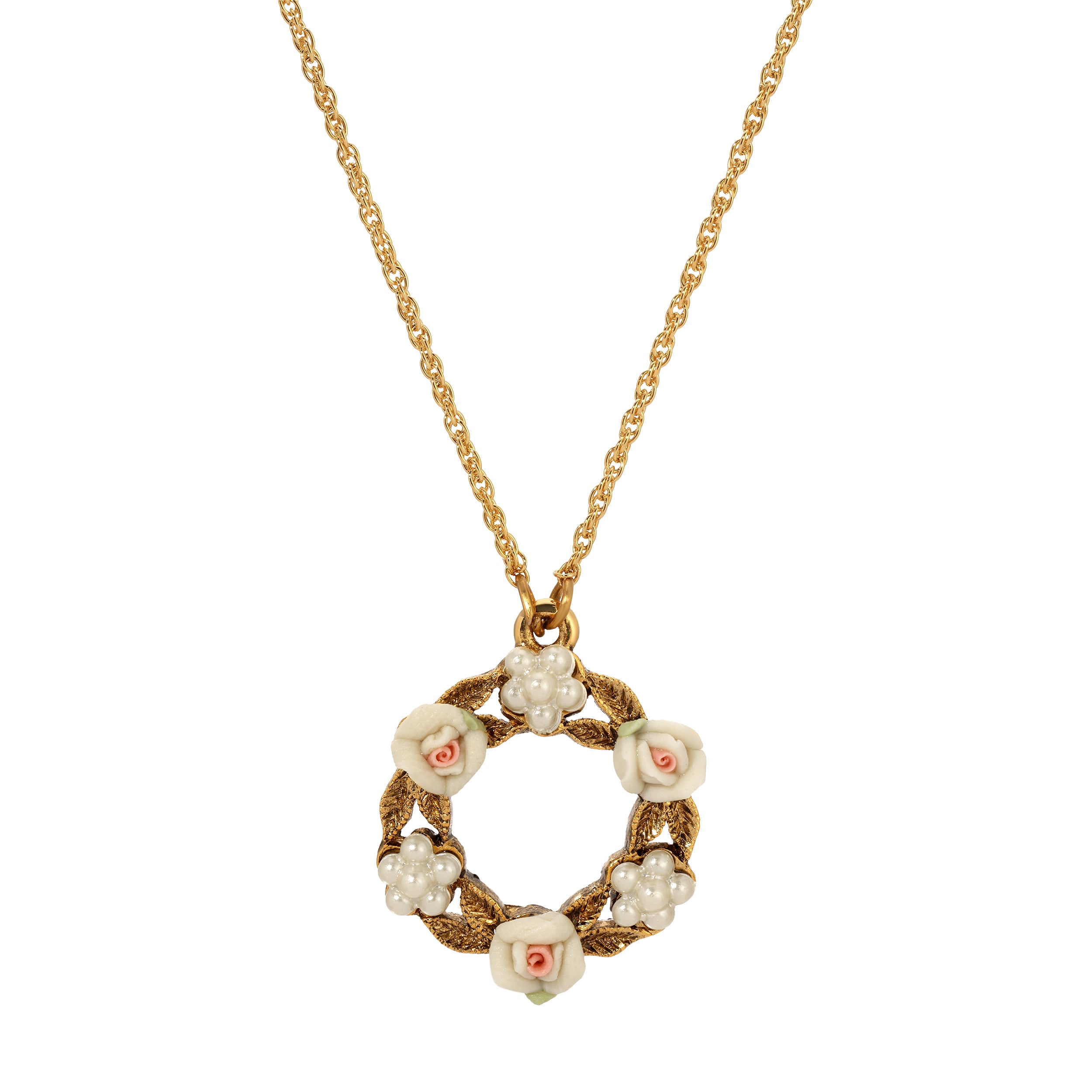 1928 Jewelry Porcelain Rose & Faux Pearl Flowers Pendant Necklace 16" + 3" Extension