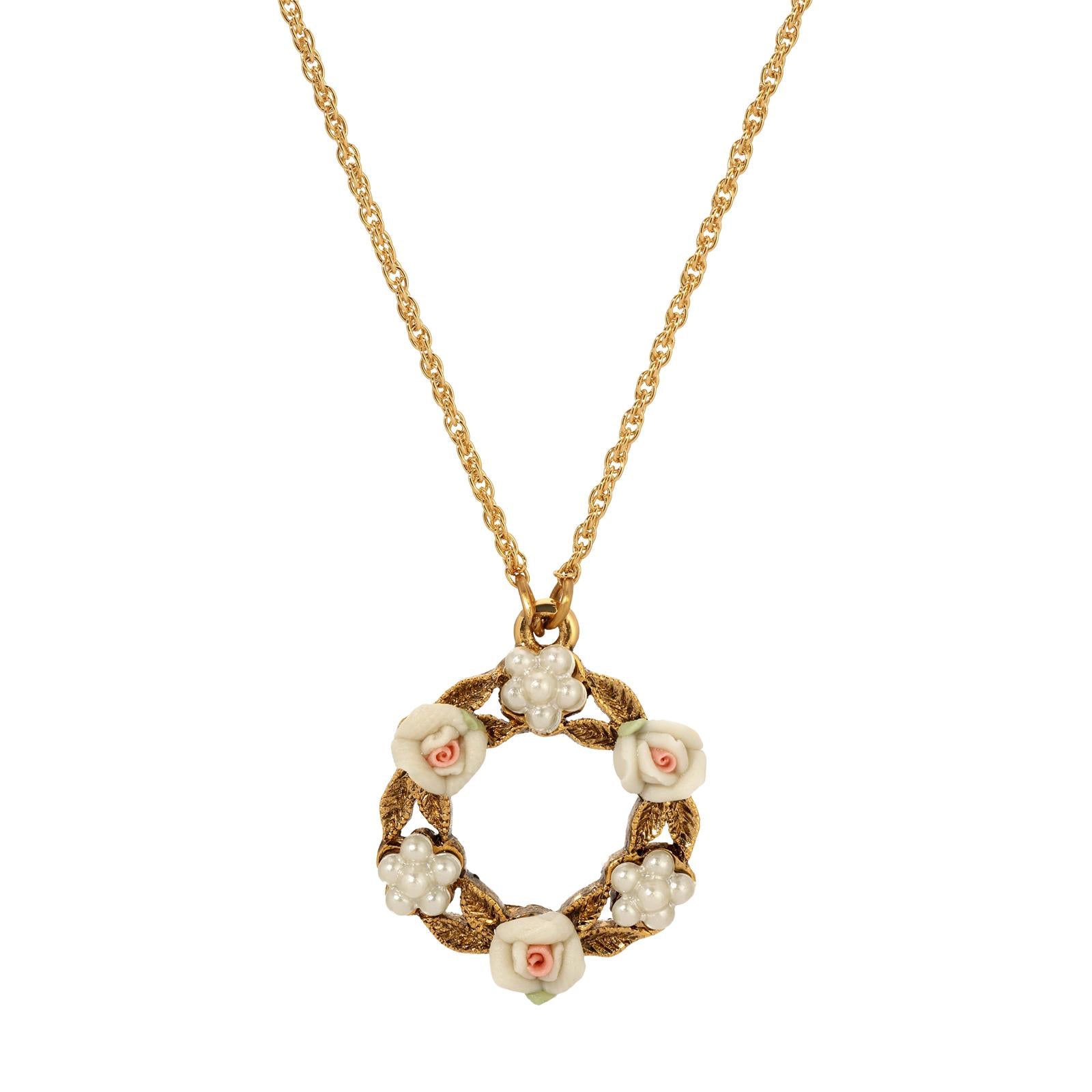 1928 Jewelry Porcelain Rose & Faux Pearl Flowers Pendant Necklace 16" + 3" Extension