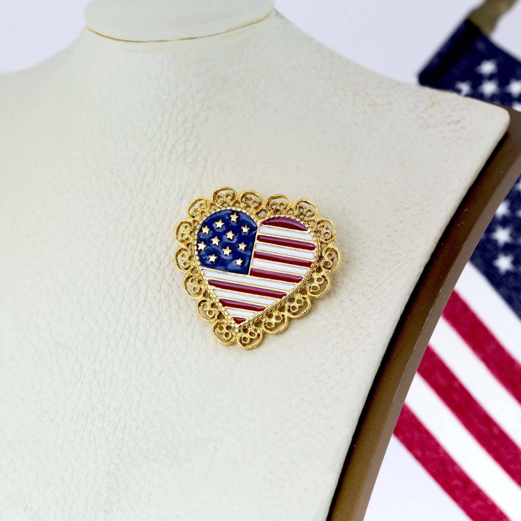 1928 Jewelry Patriotic American Flag Heart Filigree Pin