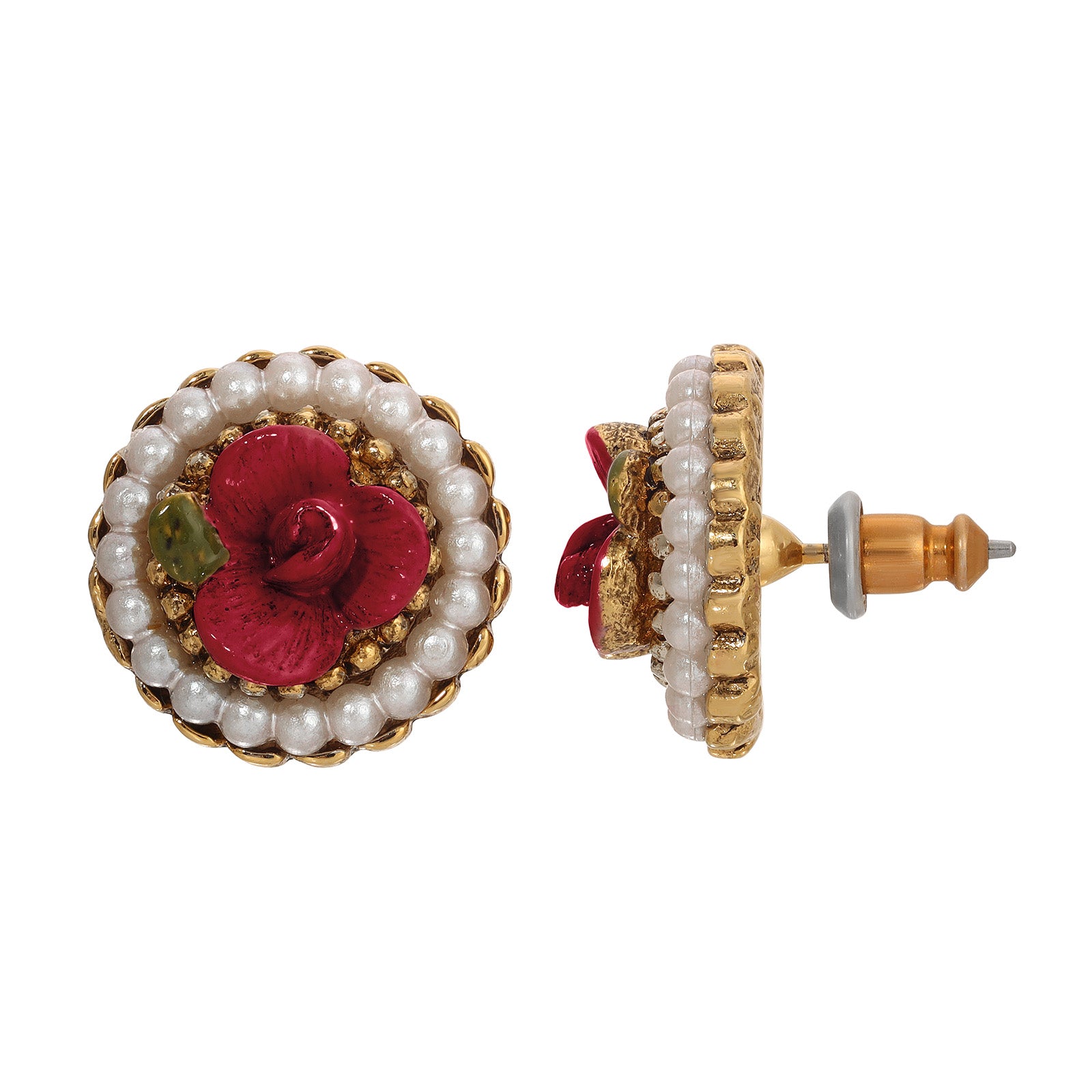 1928 Jewelry Pearly Eden Rose Enamel Faux Pearl Stud Earrings