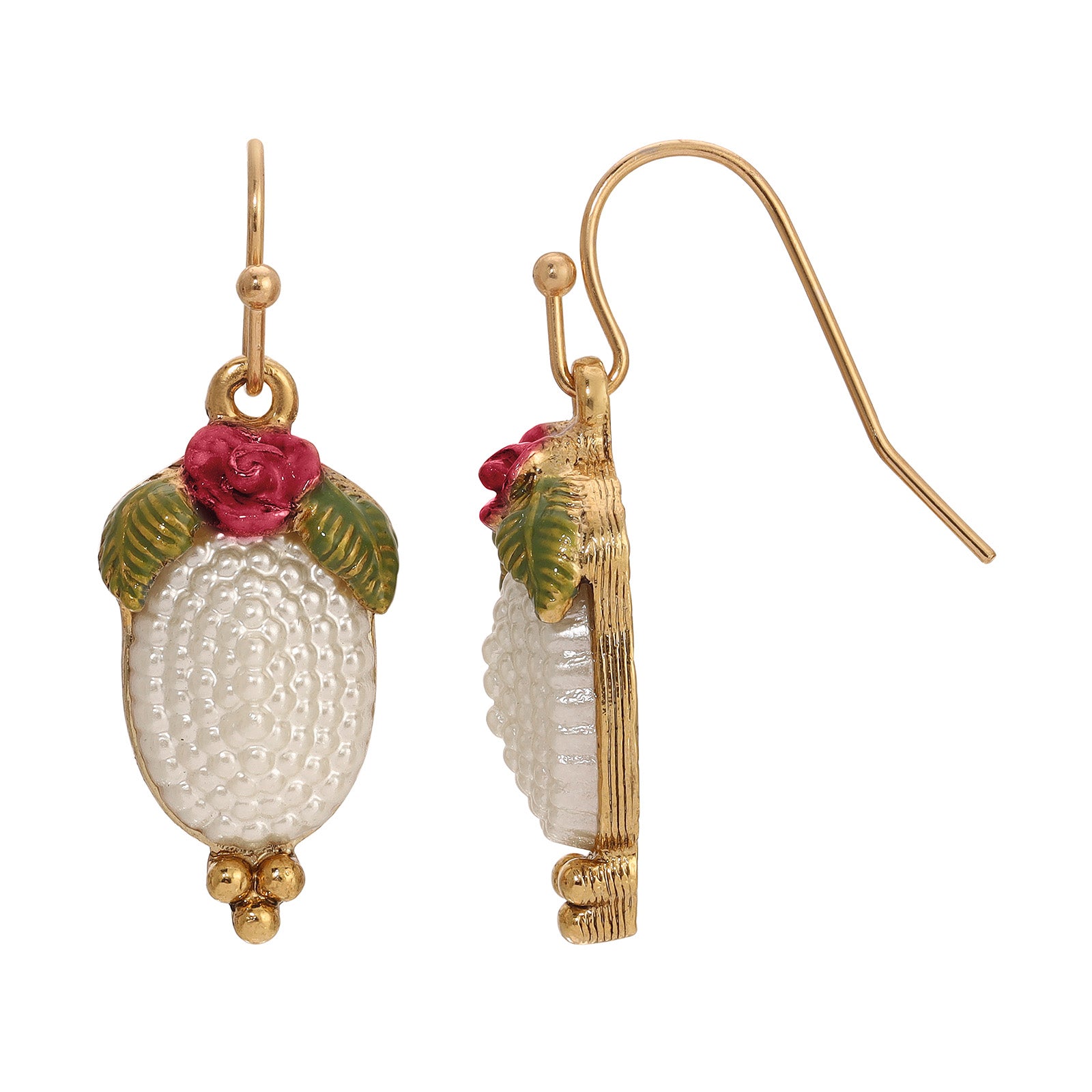 1928 Jewelry Pearly Eden Rose Enamel Oval Faux Pearl Drop Earrings