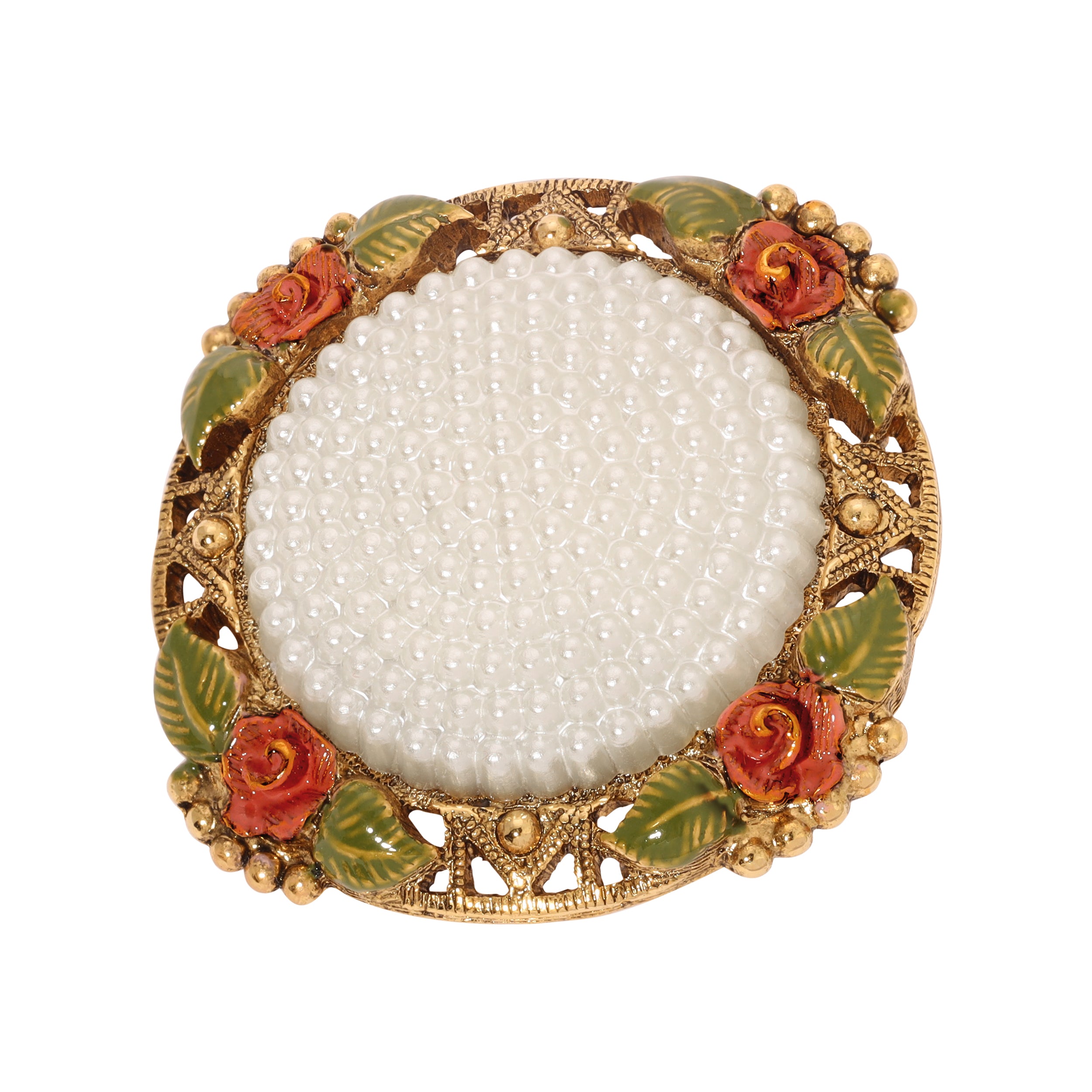 1928 Jewelry Pearly Eden Rose Enamel Faux Pearl Brooch