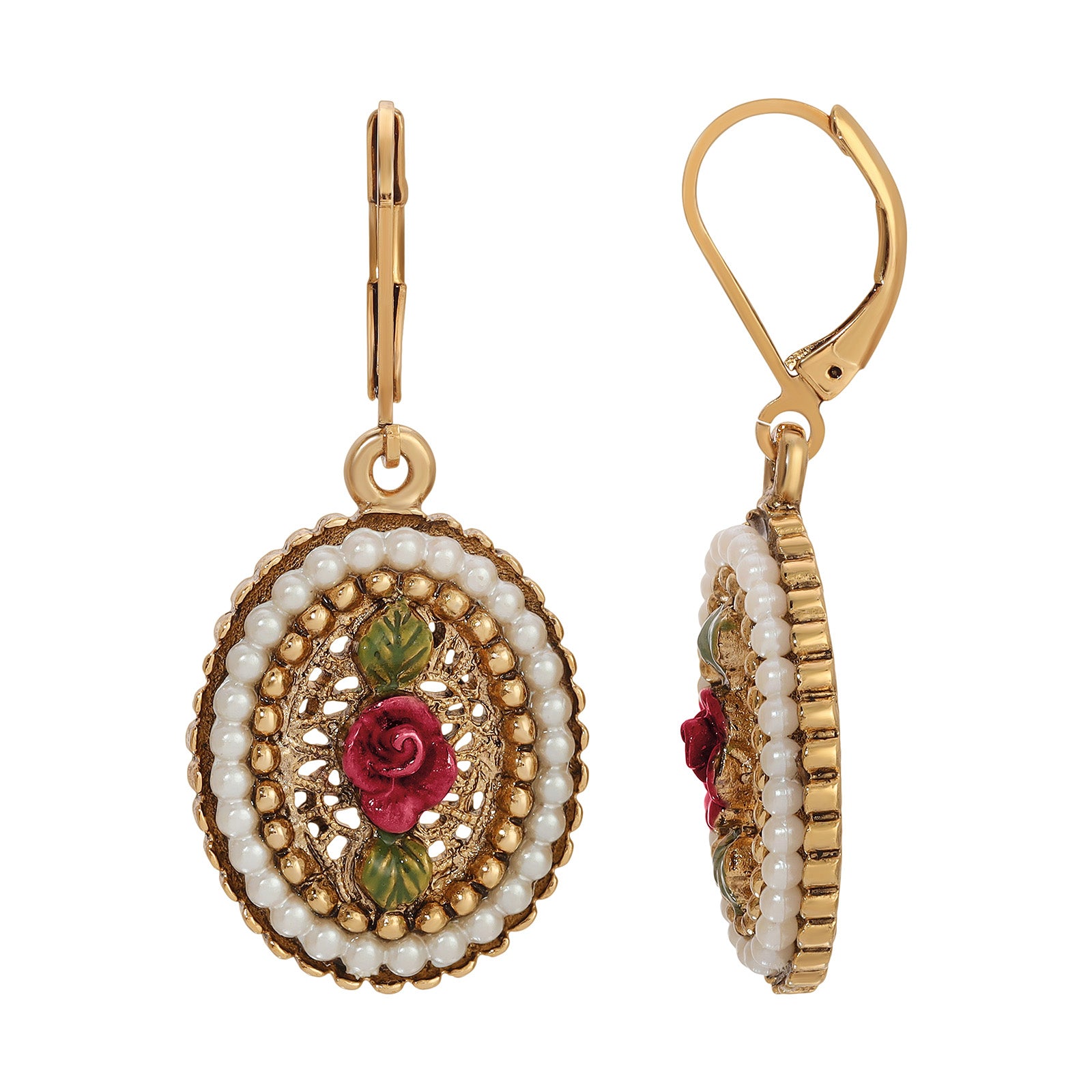 1928 Jewelry Pearly Eden Rose Enamel Faux Pearl Ring Drop Earrings