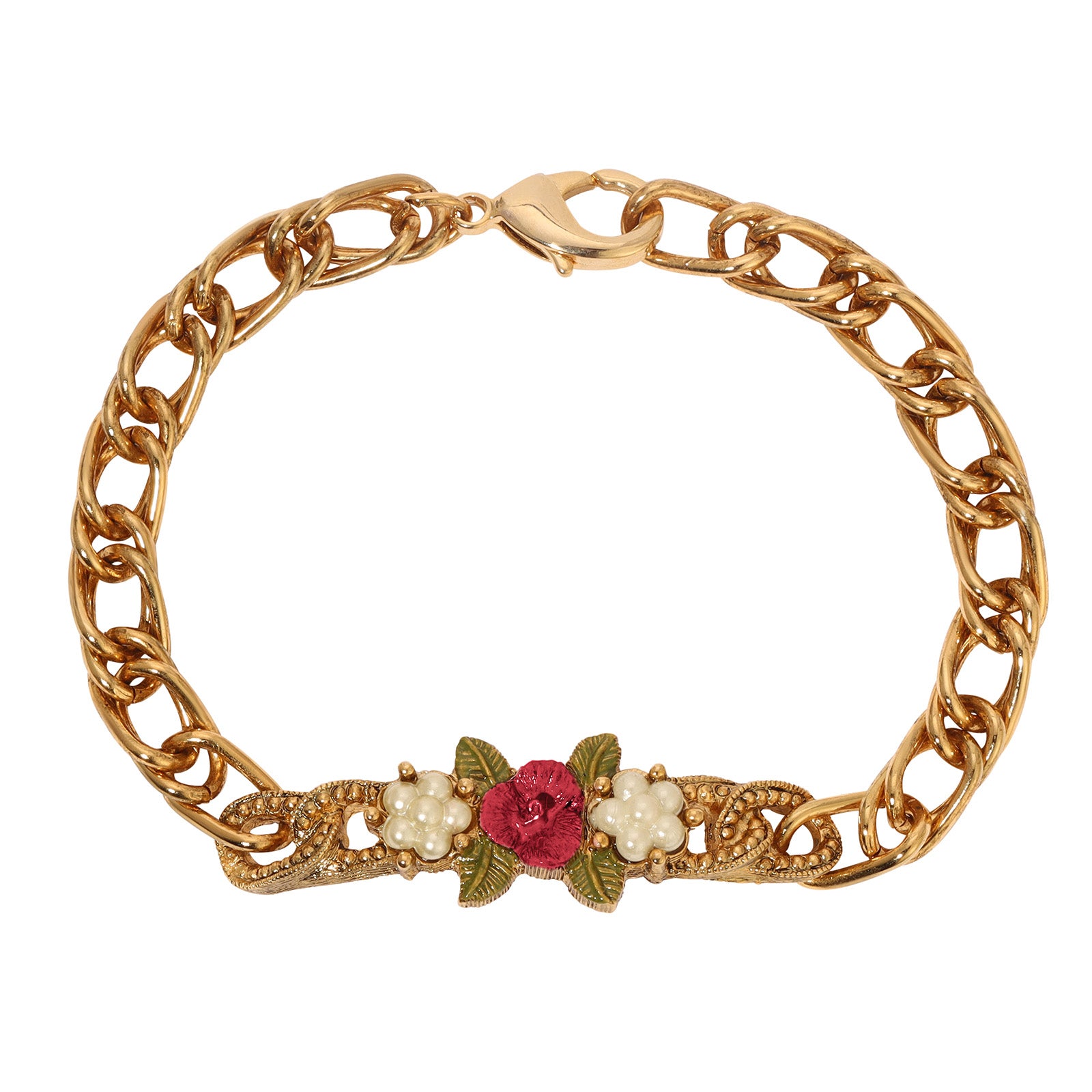 1928 Jewelry Pearly Eden Rose Enamel Faux Pearl Link Chain Bracelet