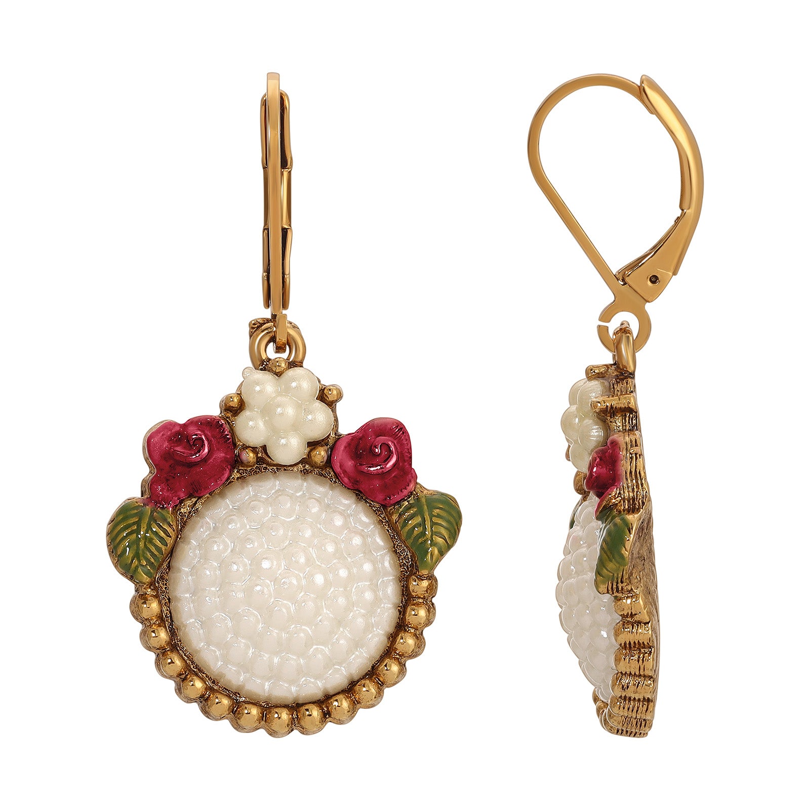 1928 Jewelry Pearly Eden Rose Enamel Round Faux Pearl Drop Earrings