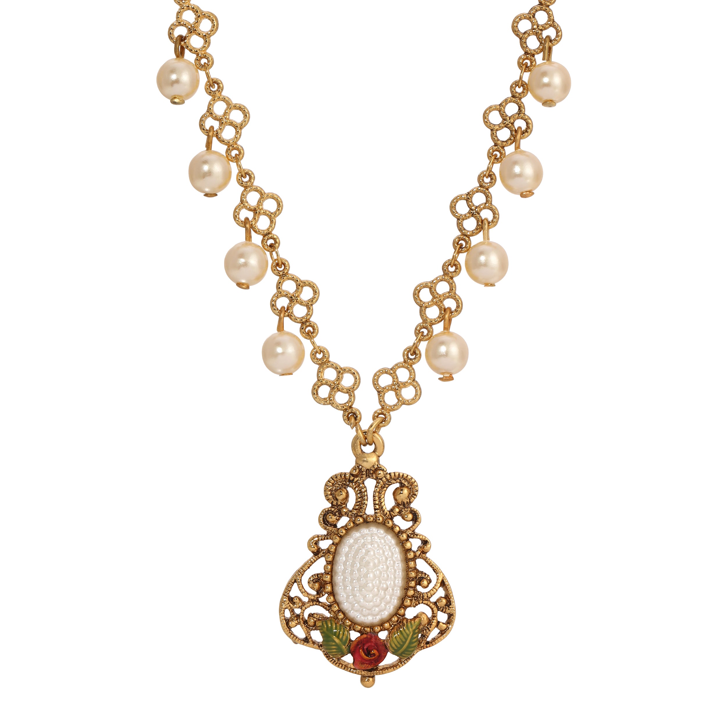 1928 Jewelry Pearly Eden Rose Enamel Filigree Pendant Necklace 16" + 3" Extender