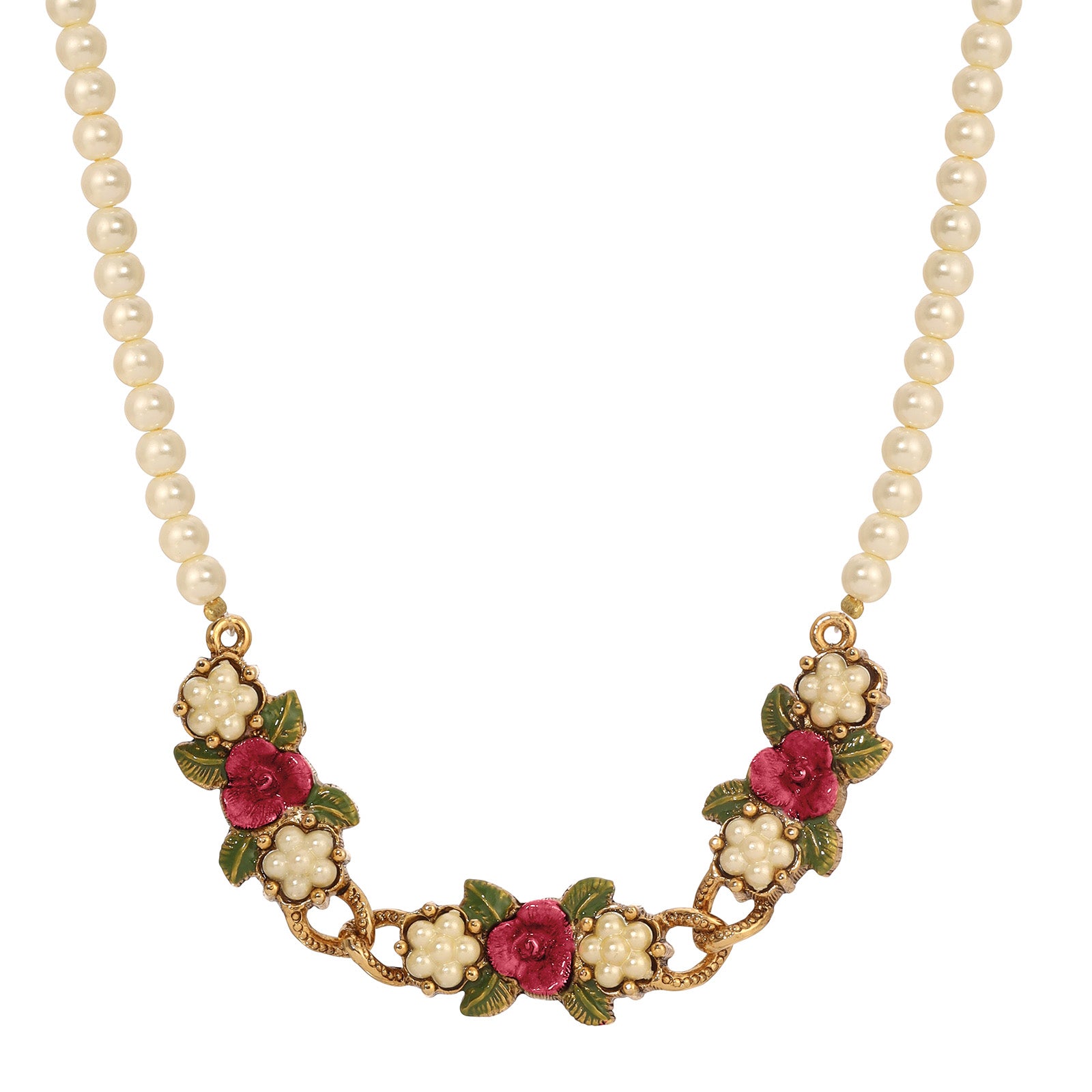 1928 Jewelry Pearly Eden Rose Enamel Faux Pearl Strand Necklace 17" + 3" Extender