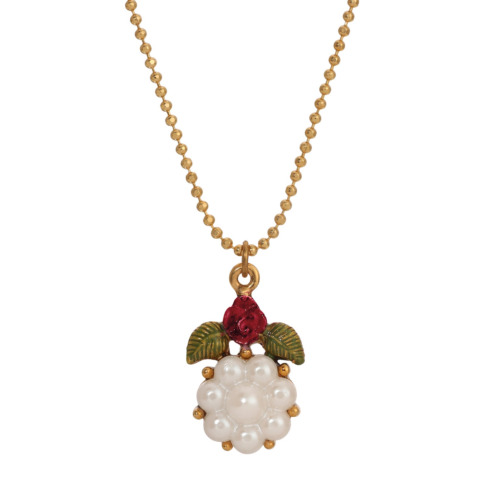 1928 Jewelry Pearly Eden Rose Enamel Faux Pearl Flower Pendant Necklace 16"