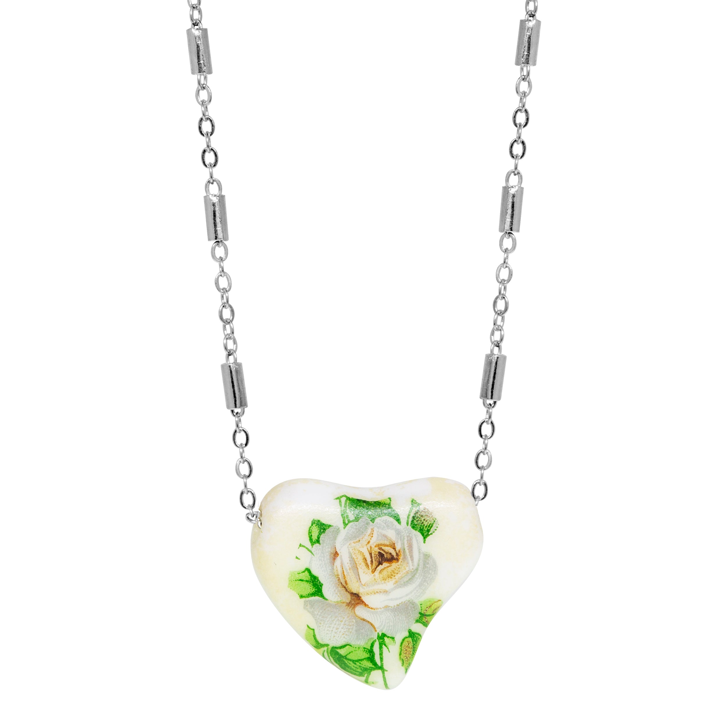 1928 Jewelry 85' Porcelain Heart & Rose Pendant Necklace 15" + 3" Extension