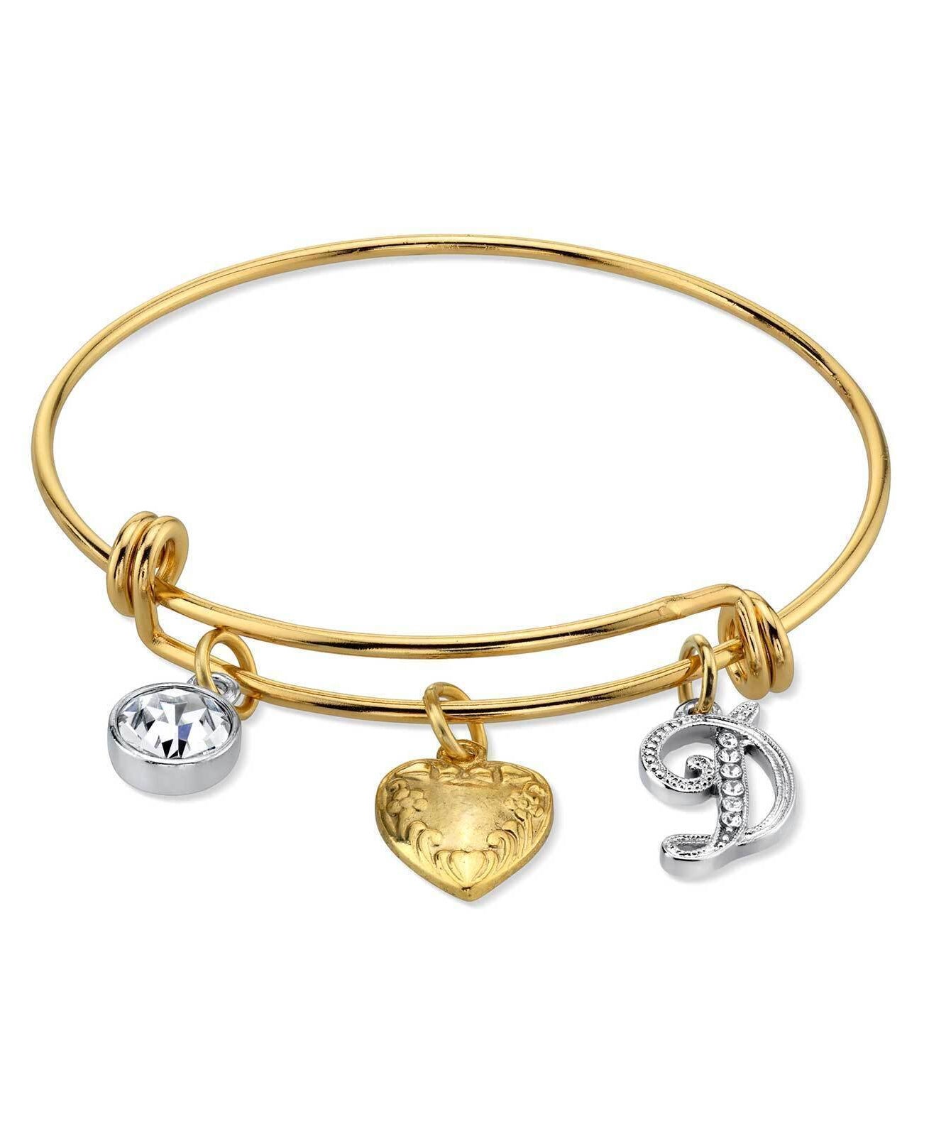 1928 Jewelry Gold Heart Initial Crystal Charm Bangle Bracelet, 2.5"