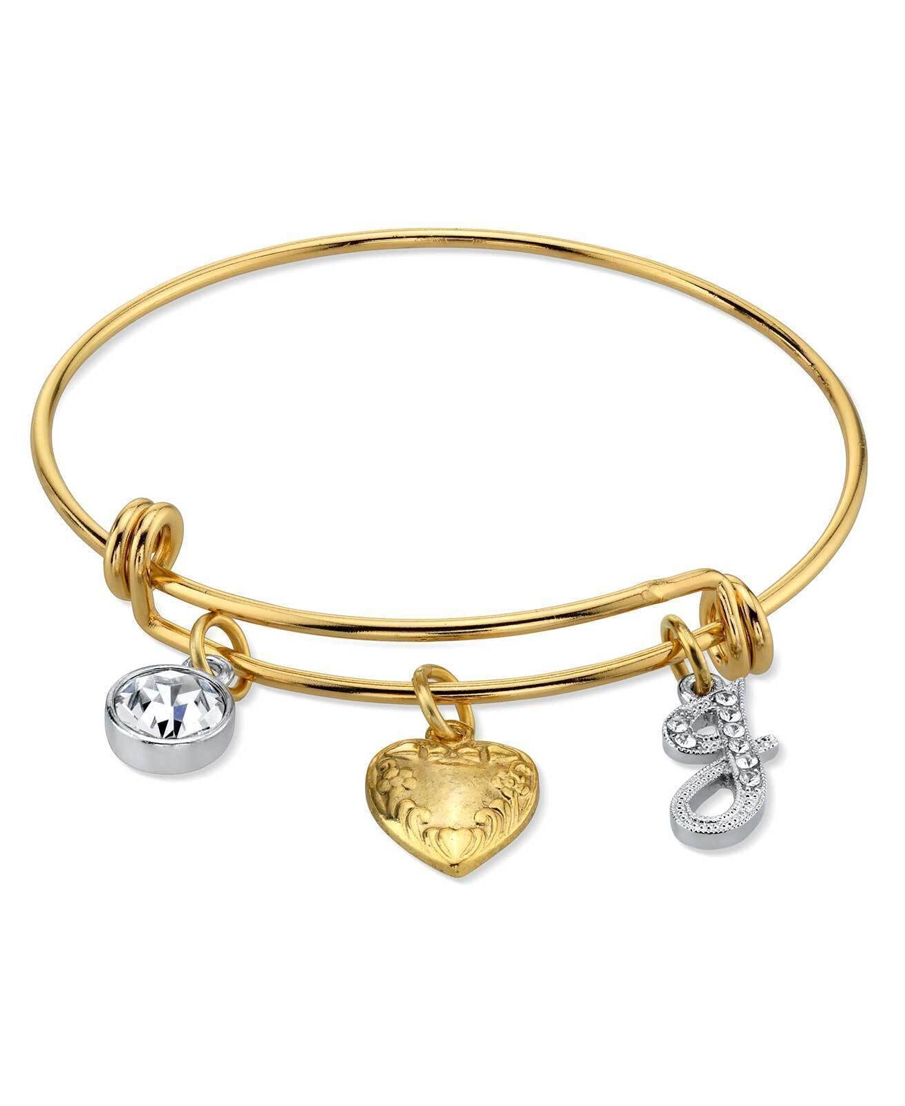 1928 Jewelry Gold Heart Initial Crystal Charm Bangle Bracelet, 2.5"