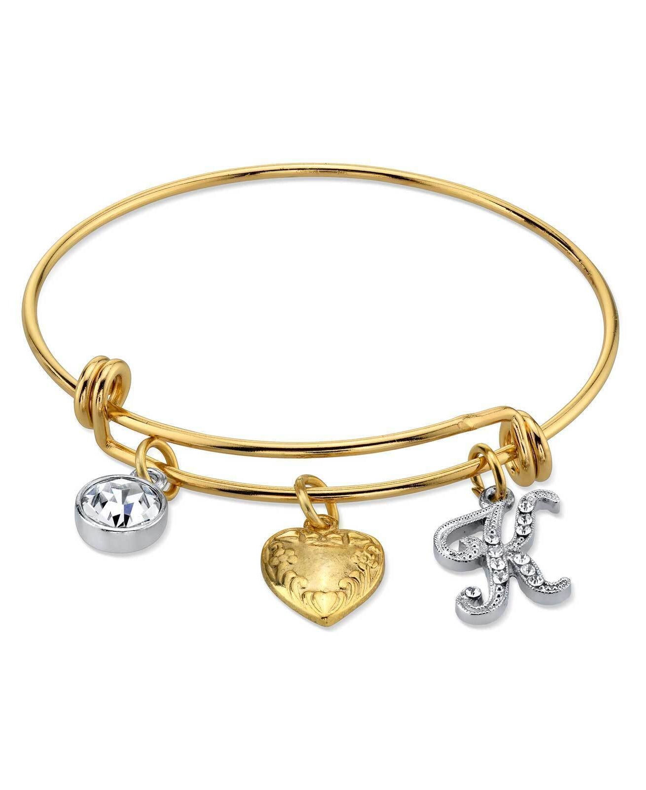 1928 Jewelry Gold Heart Initial Crystal Charm Bangle Bracelet, 2.5"