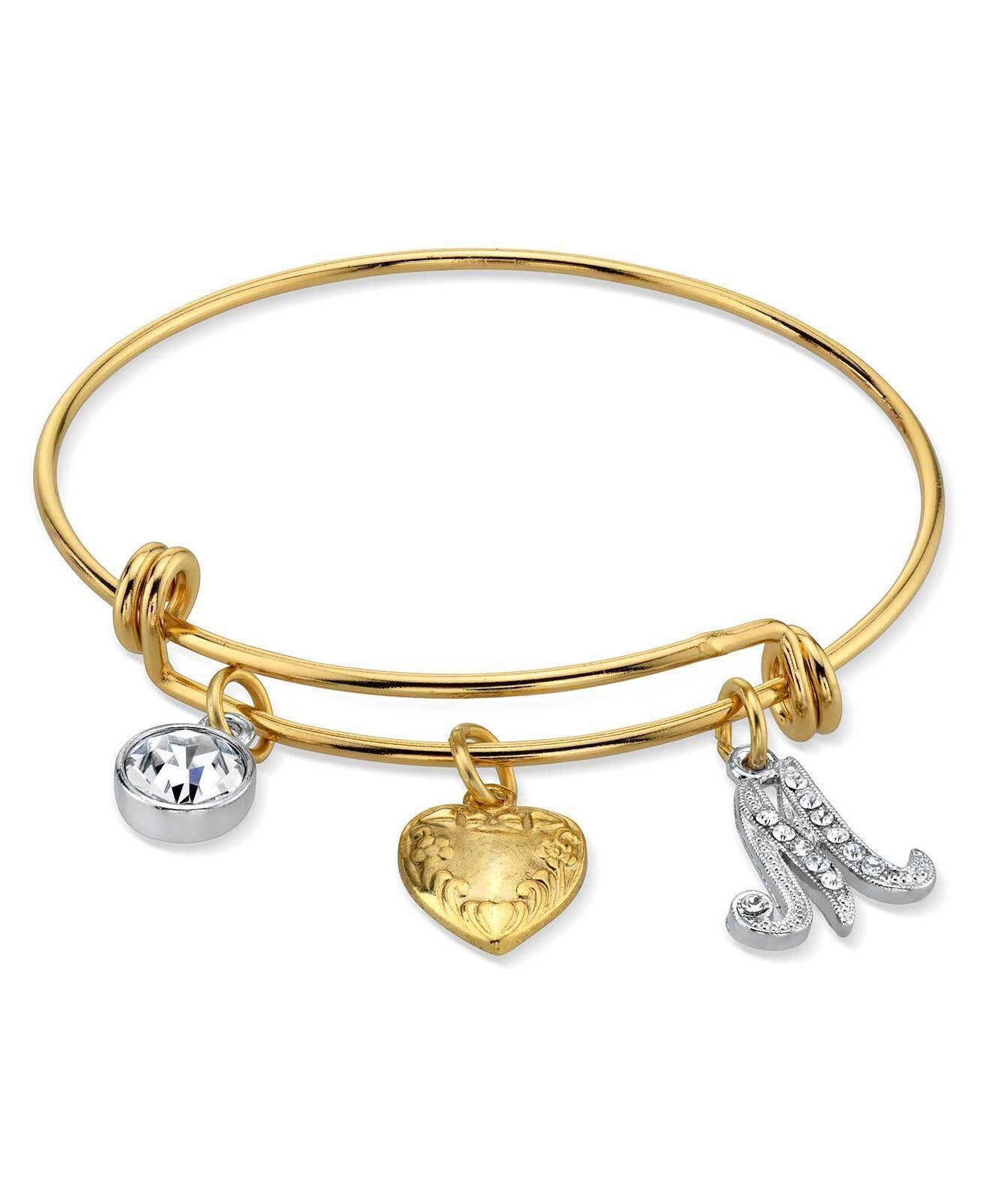 1928 Jewelry Gold Heart Initial Crystal Charm Bangle Bracelet, 2.5"