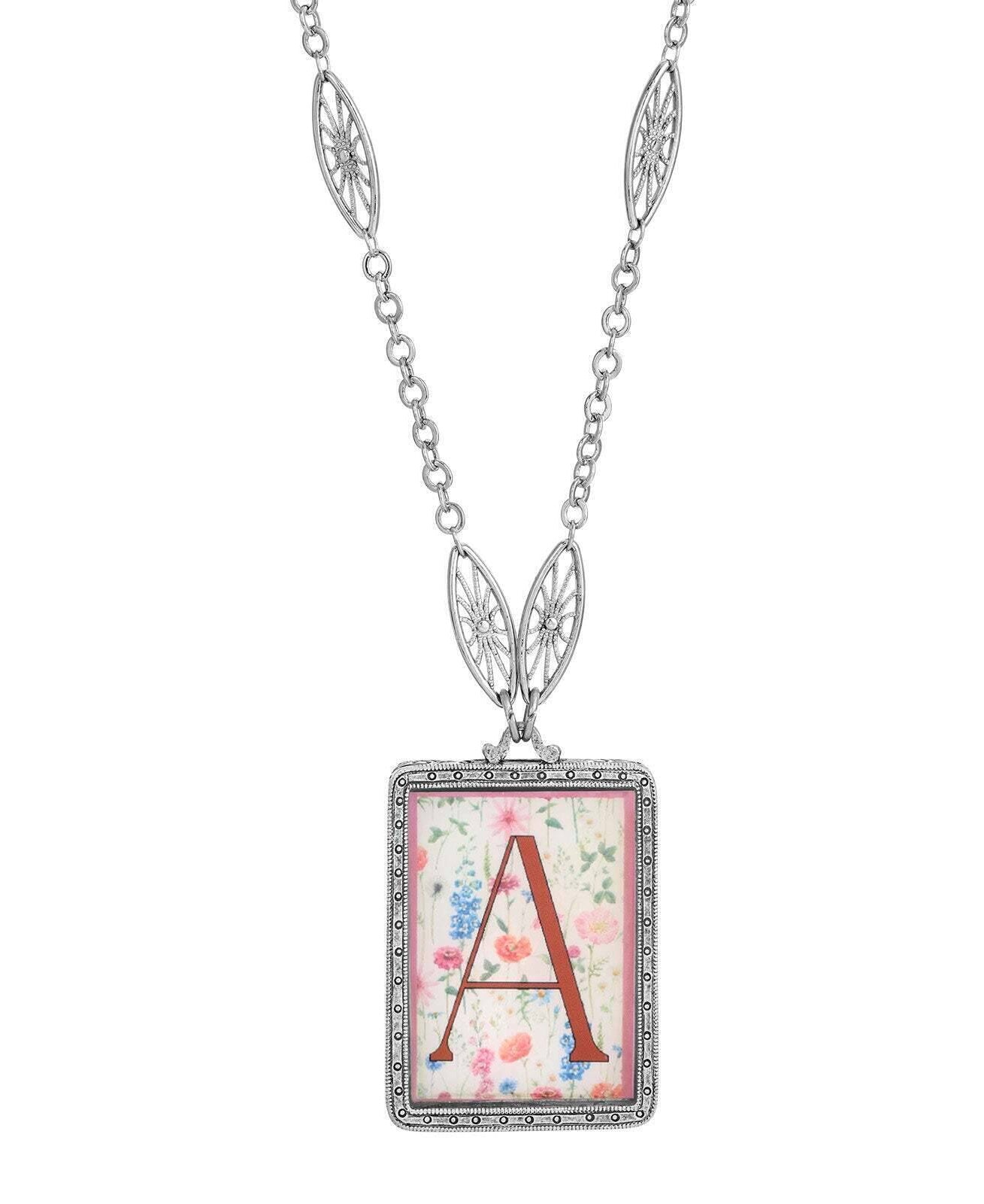 1928 Jewelry Pink Floral Motif Initial Pendant Necklace 30"