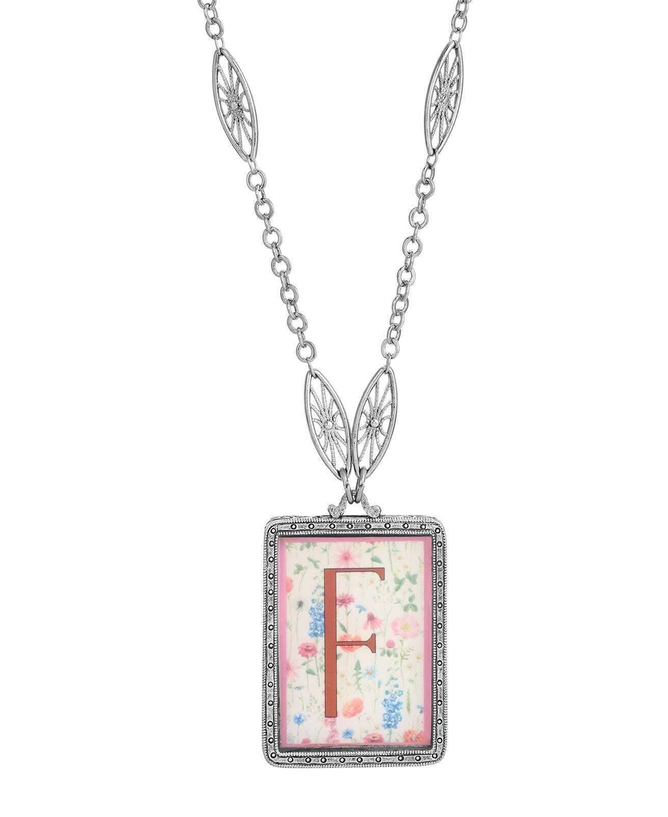 1928 Jewelry Pink Floral Motif Initial Pendant Necklace 30"