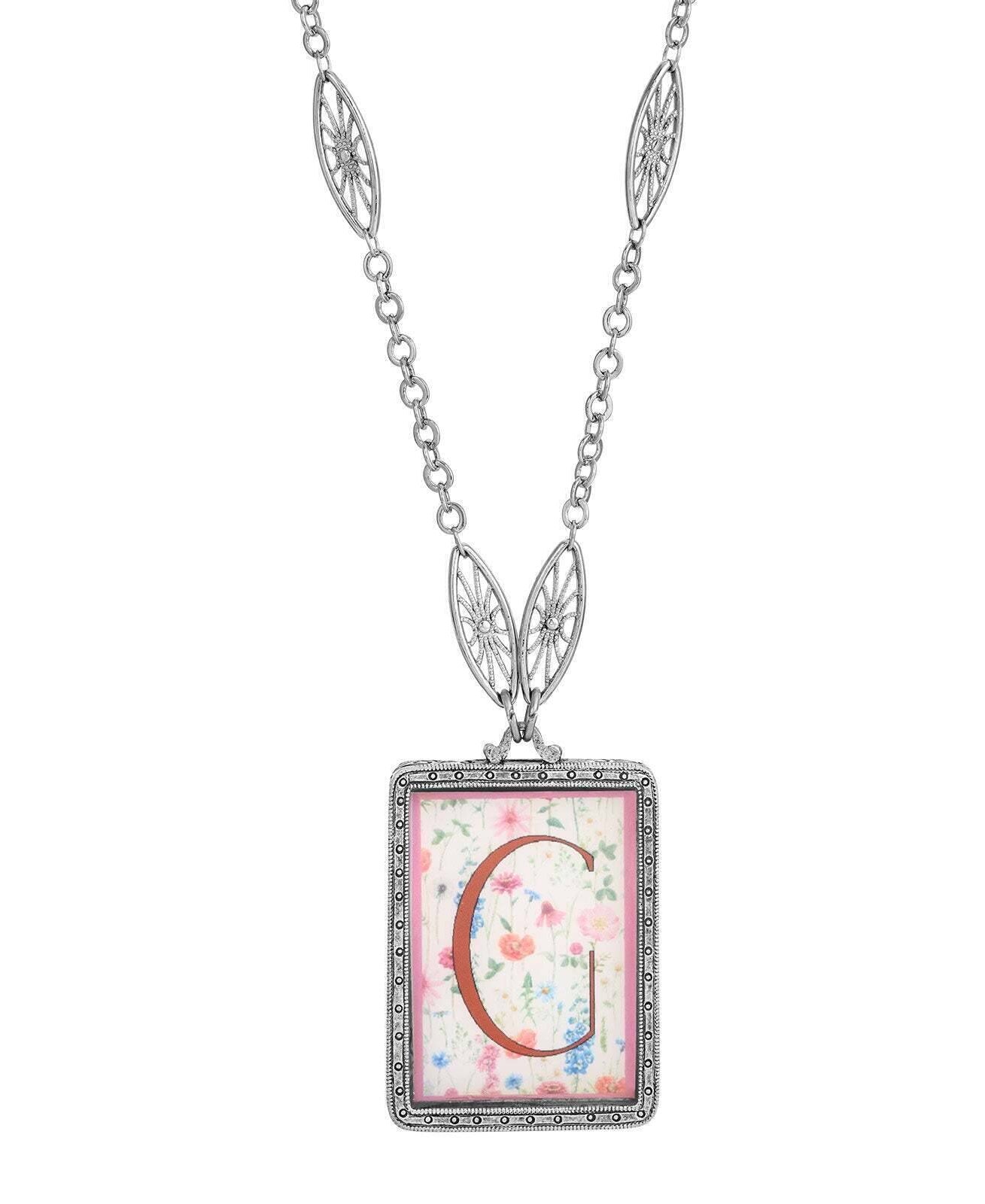1928 Jewelry Pink Floral Motif Initial Pendant Necklace 30"