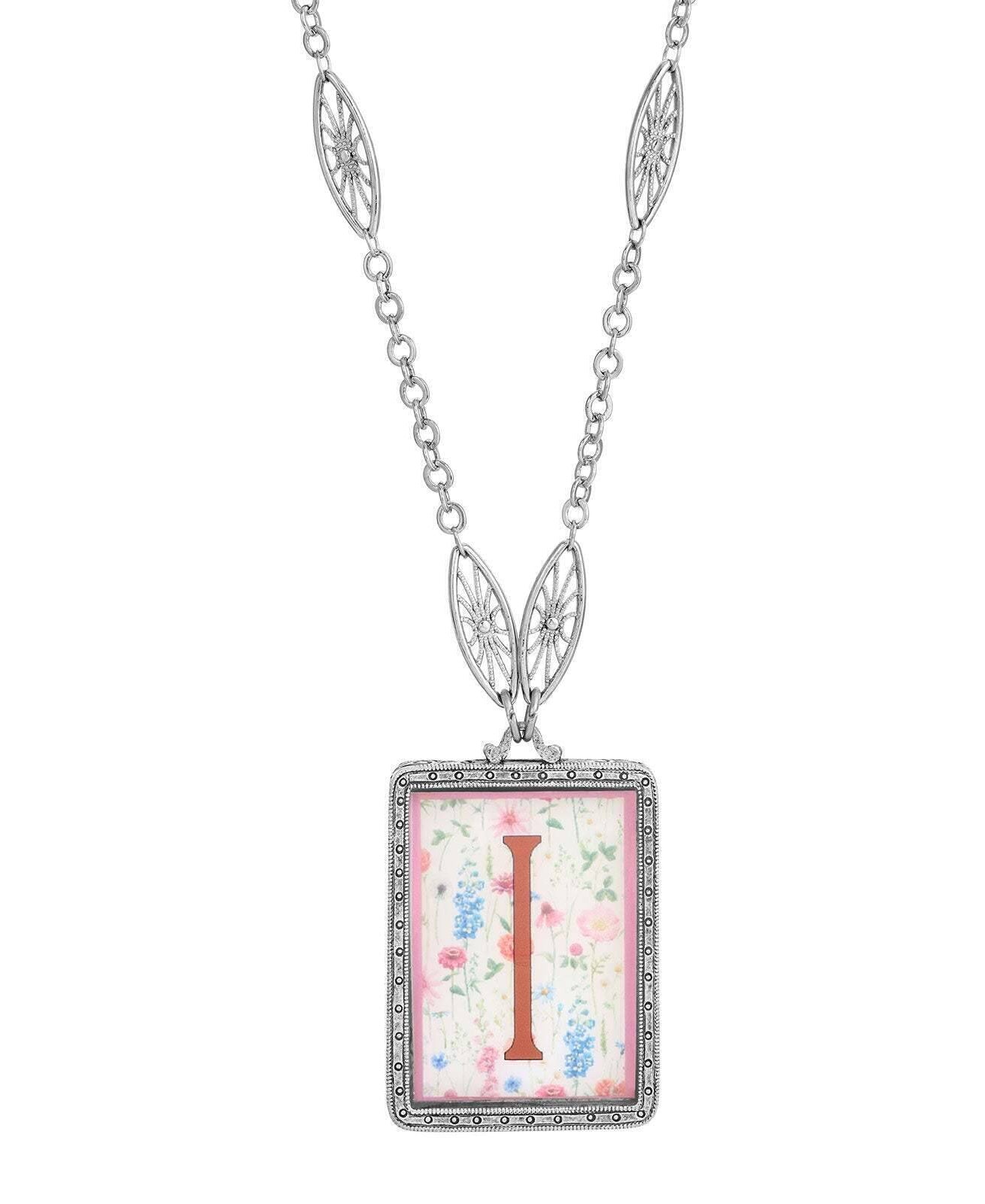 1928 Jewelry Pink Floral Motif Initial Pendant Necklace 30"