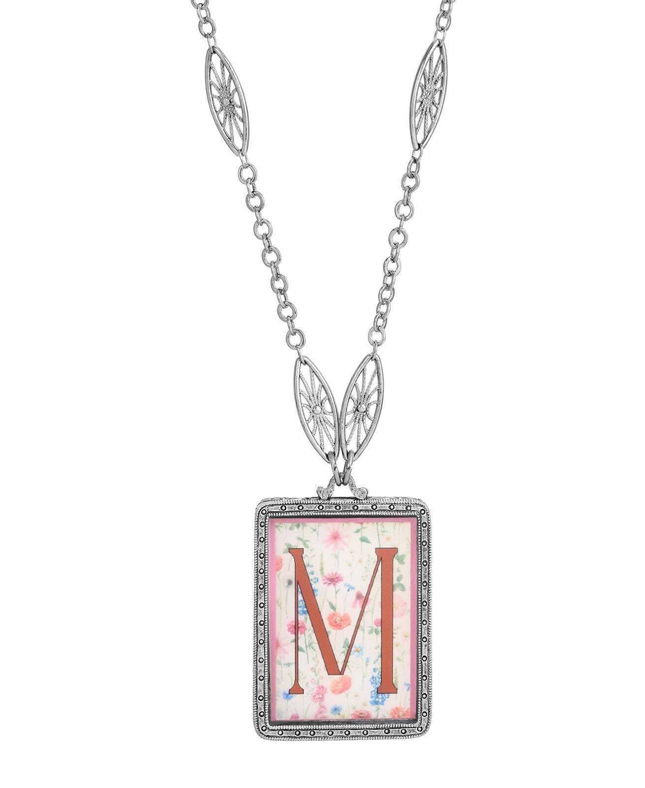 1928 Jewelry Pink Floral Motif Initial Pendant Necklace 30"