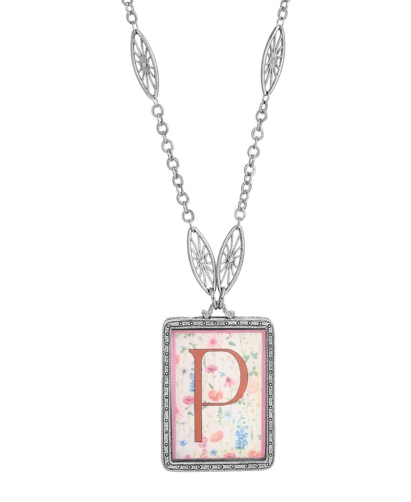 1928 Jewelry Pink Floral Motif Initial Pendant Necklace 30"