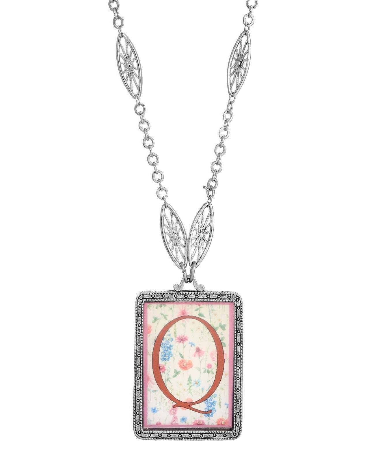 1928 Jewelry Pink Floral Motif Initial Pendant Necklace 30"