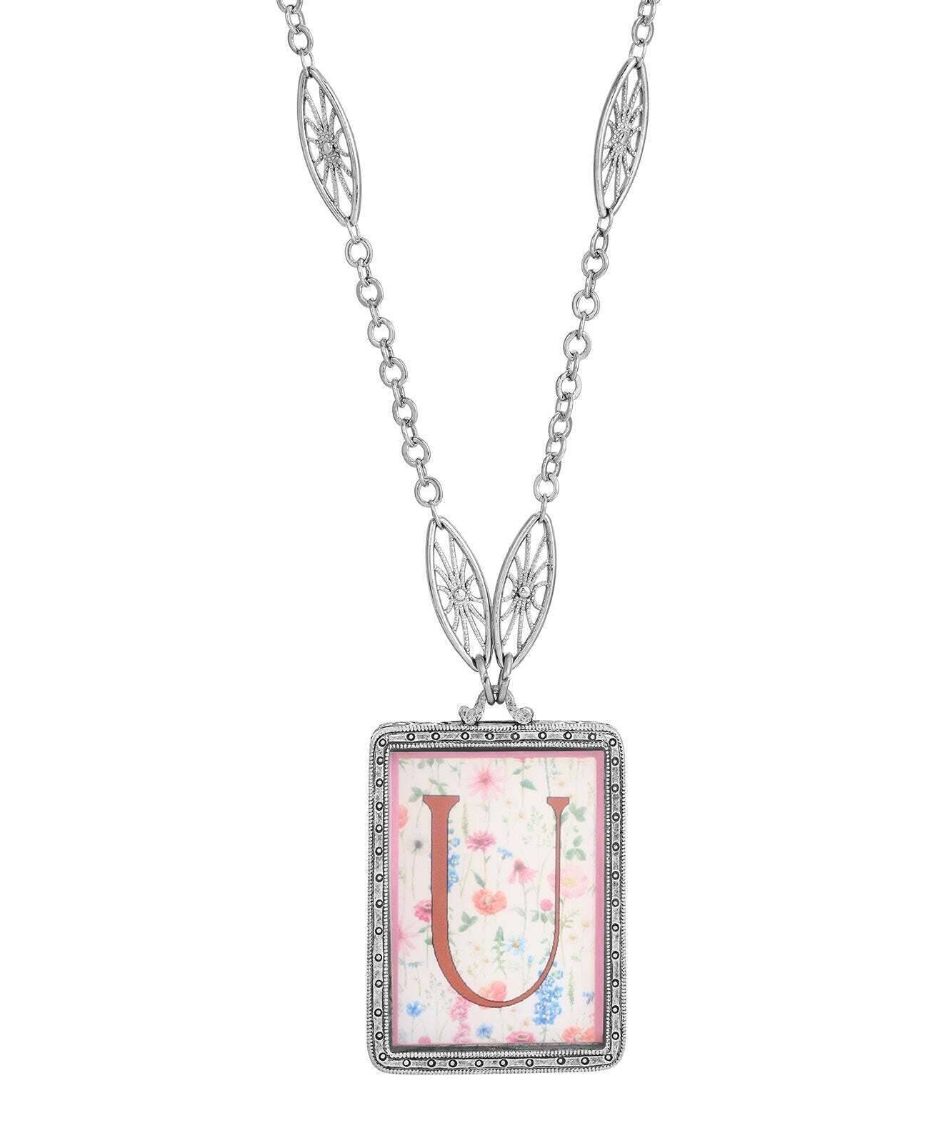 1928 Jewelry Pink Floral Motif Initial Pendant Necklace 30"