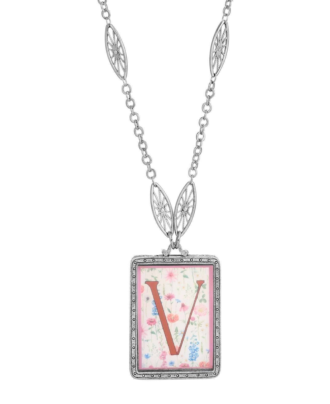 1928 Jewelry Pink Floral Motif Initial Pendant Necklace 30"