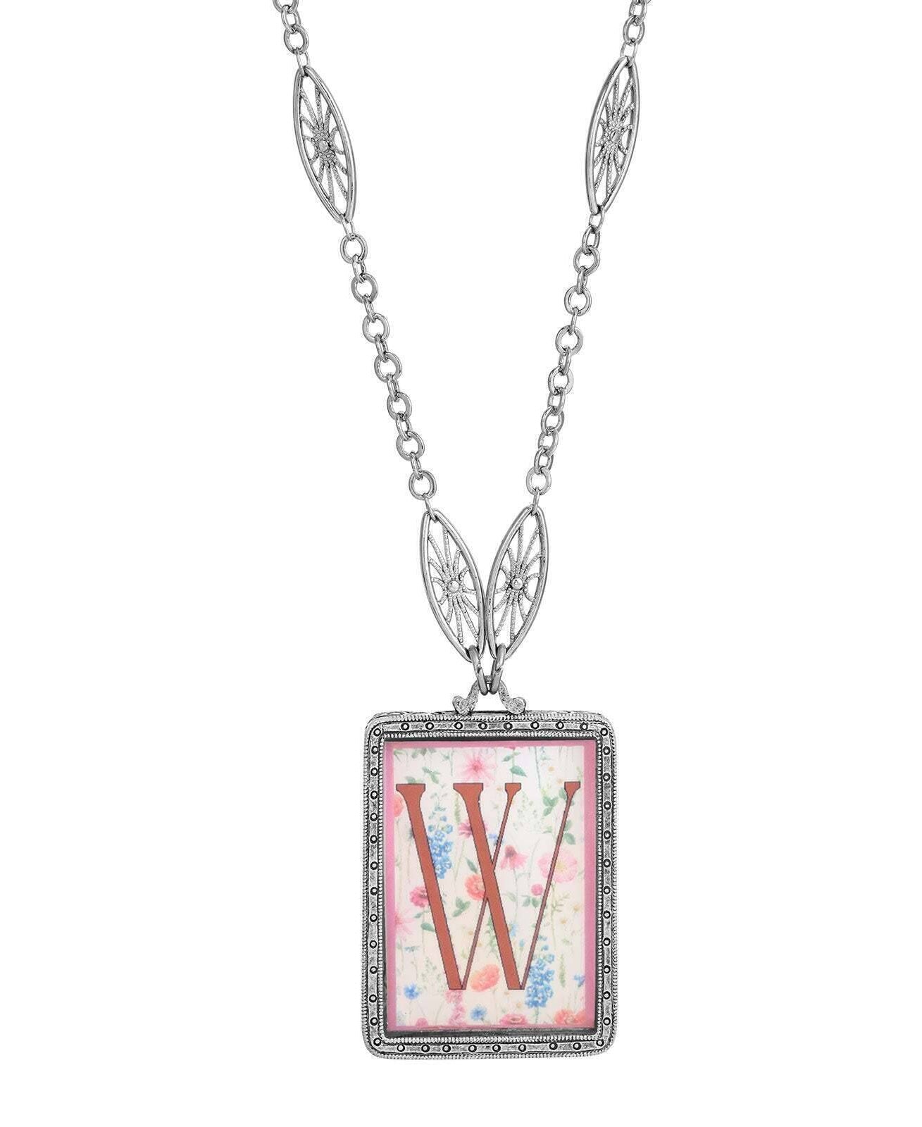1928 Jewelry Pink Floral Motif Initial Pendant Necklace 30"