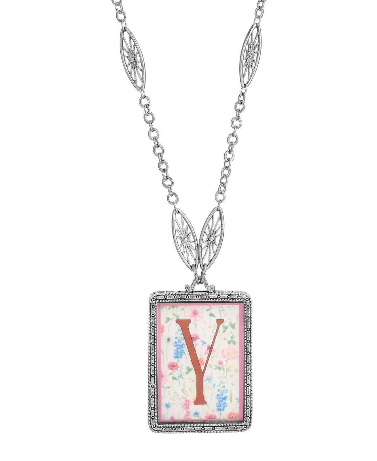 1928 Jewelry Pink Floral Motif Initial Pendant Necklace 30"