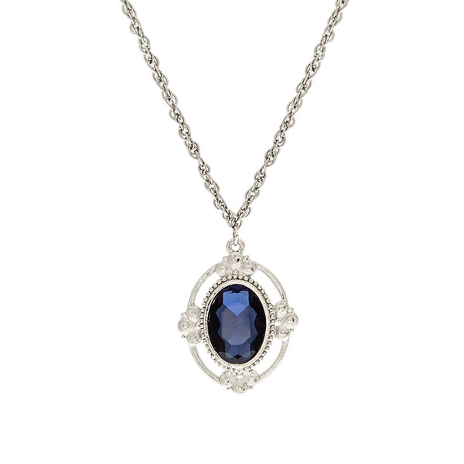 1928 Jewelry Montana Blue Oval Glass Stone Pendant Necklace 16" + 3" Extension