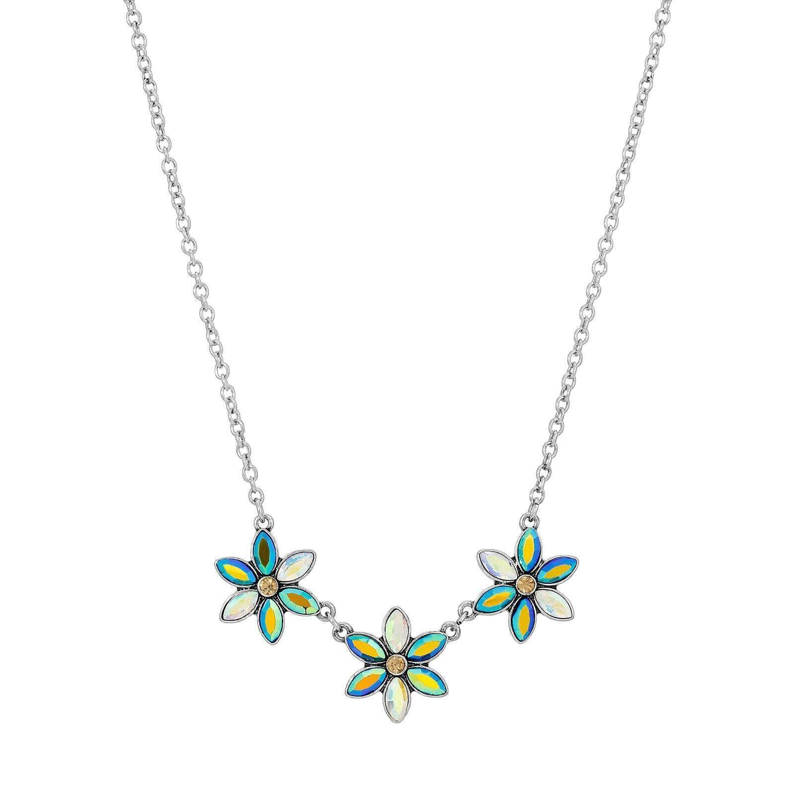 1928 Jewelry Peacock Plumage Blue Iridescent AB Glass Flower Necklace 16" + 3" Extender