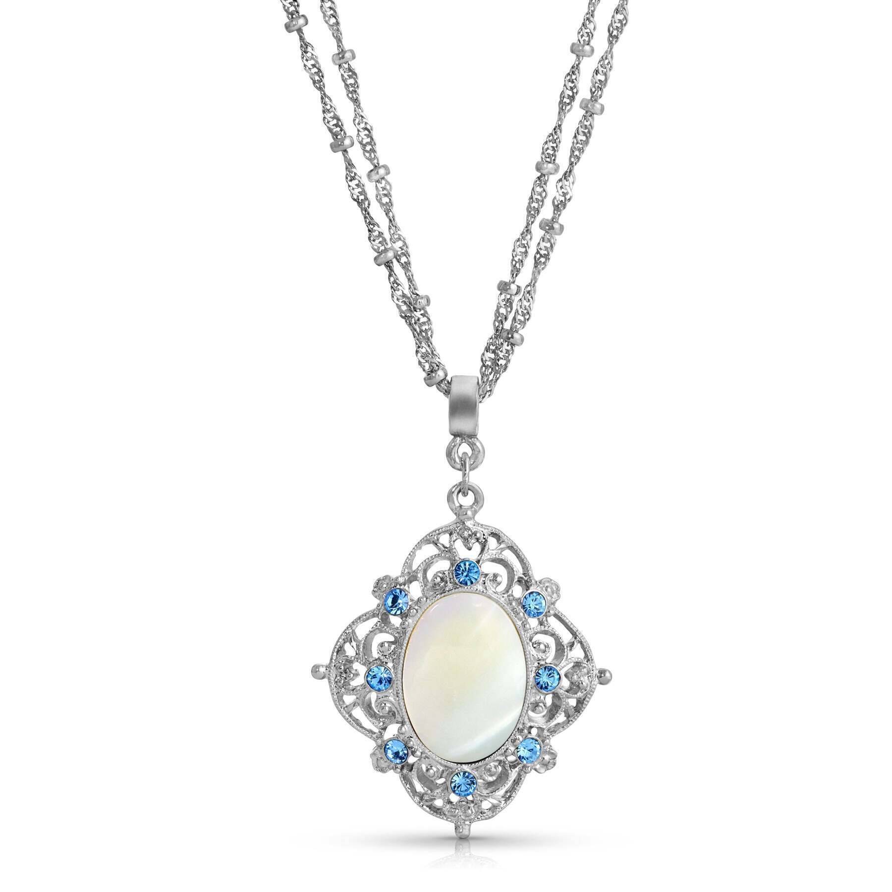 1928 Jewelry Aquamarine Crystal Mother Of Pearl Filigree Pendant Necklace 16" + 3" Extender