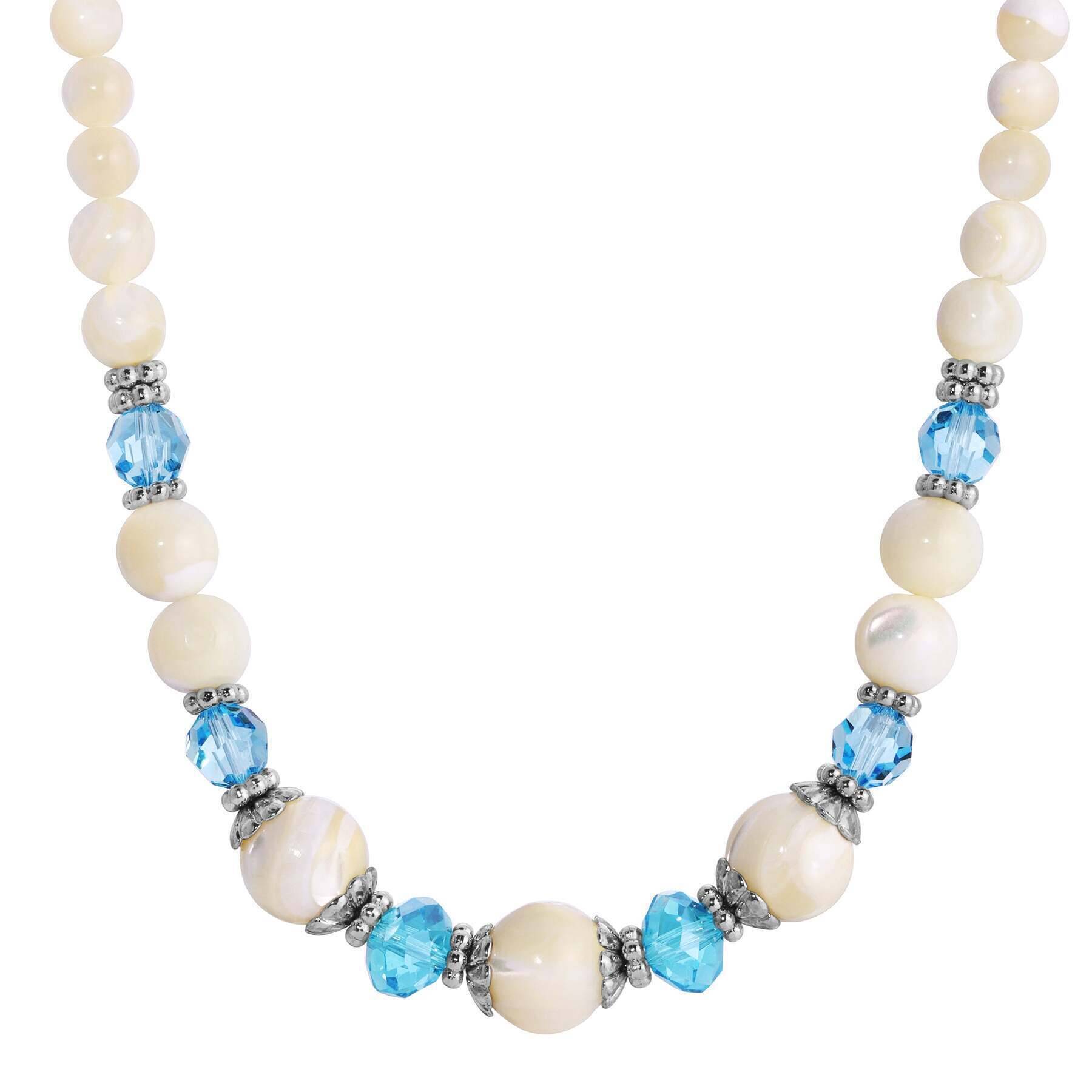 1928 Jewelry Aquamarine Crystal Mother Of Pearl Necklace 15" + 3" Extender